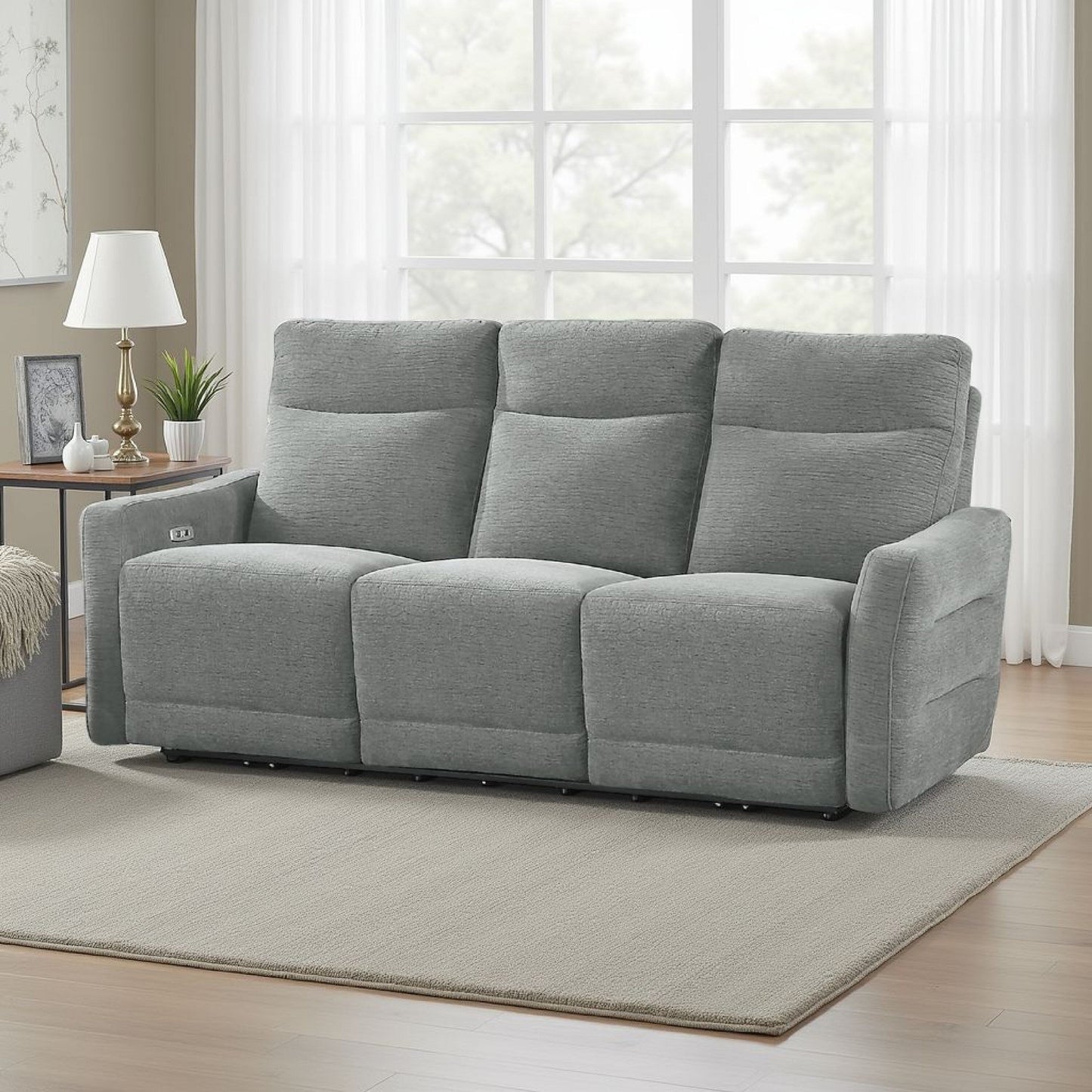 Canapé double inclinable électrique Eddie avec port USB, à plat, tissu chenille gris tourterelle