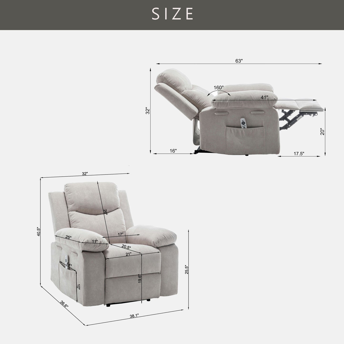 Fauteuil inclinable électrique ergonomique en velours avec massage par vibration à 8 points, chauffage et poche latérale