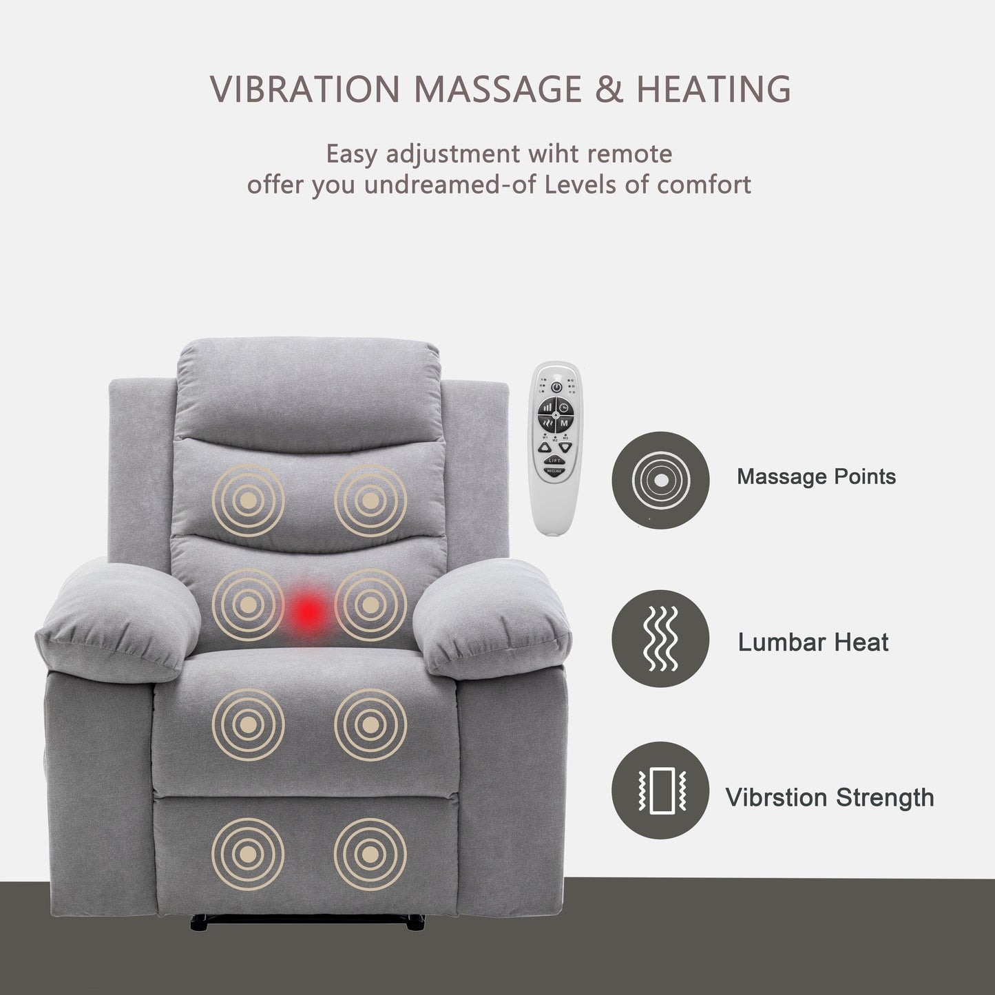 Fauteuil inclinable électrique ergonomique en velours avec massage par vibration à 8 points, chauffage et poche latérale