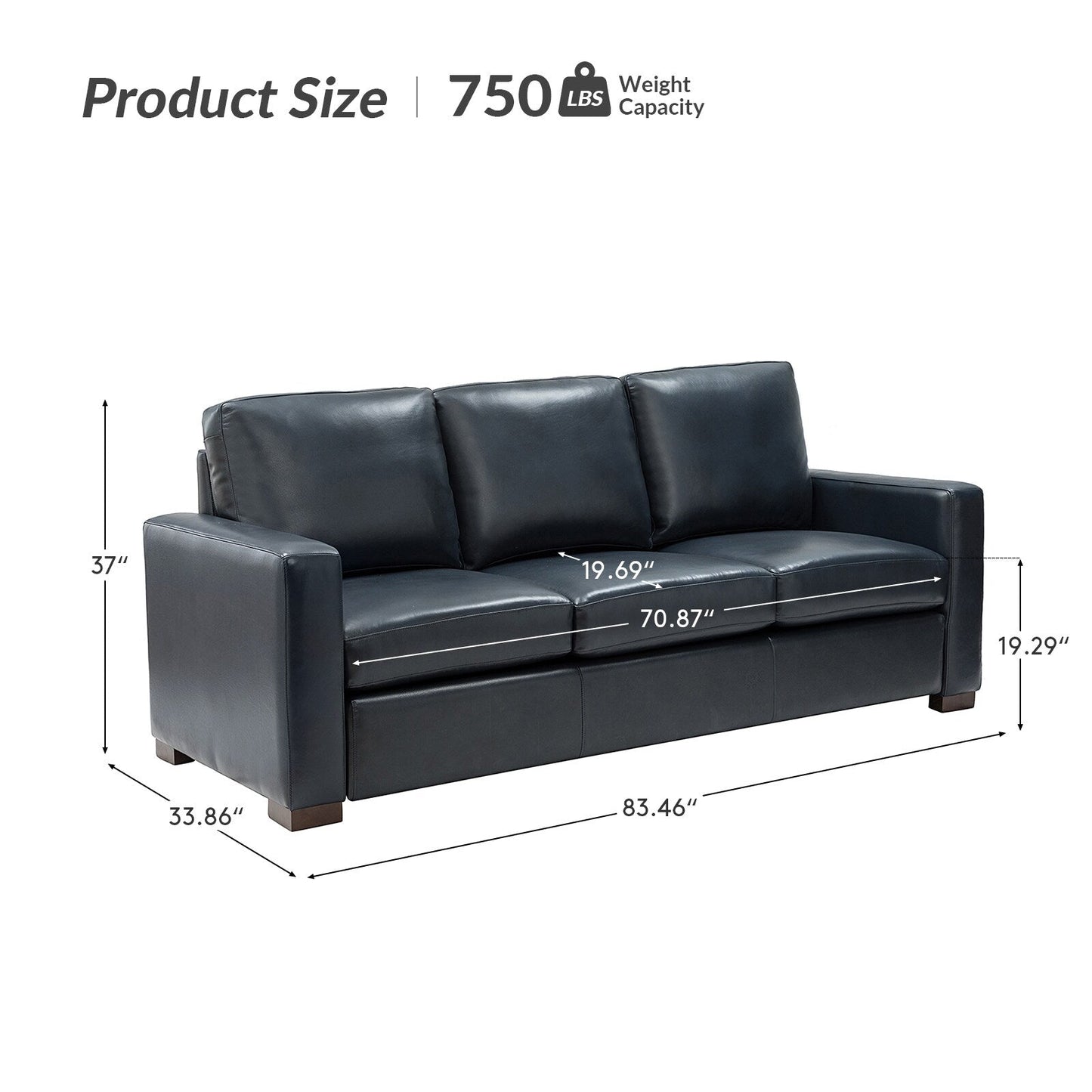 Canapé Ernando 83.46 en cuir véritable avec accoudoirs carrés et coussins