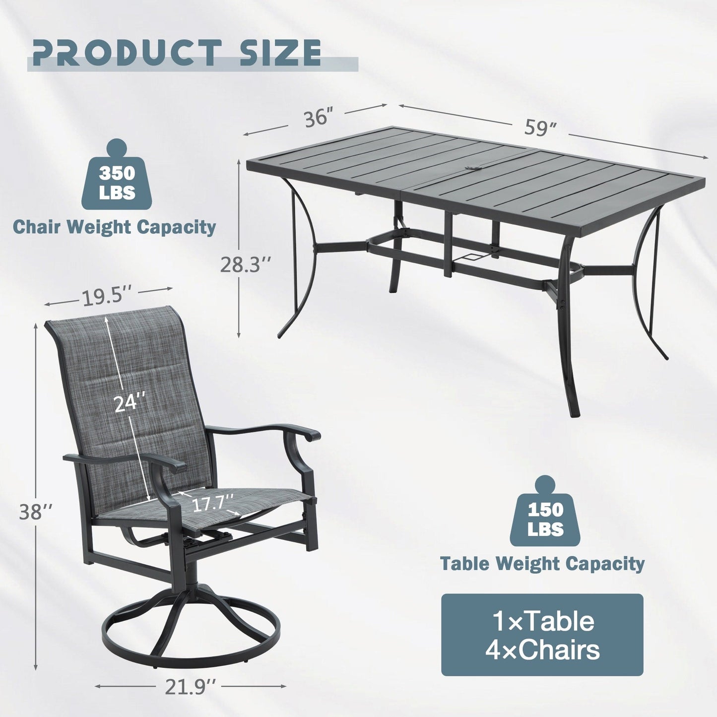 Ensembles de salle à manger d'extérieur polyvalents avec chaises pivotantes/pliantes, table à lattes en acier et table à manger en PEHD pour jardins et terrasses