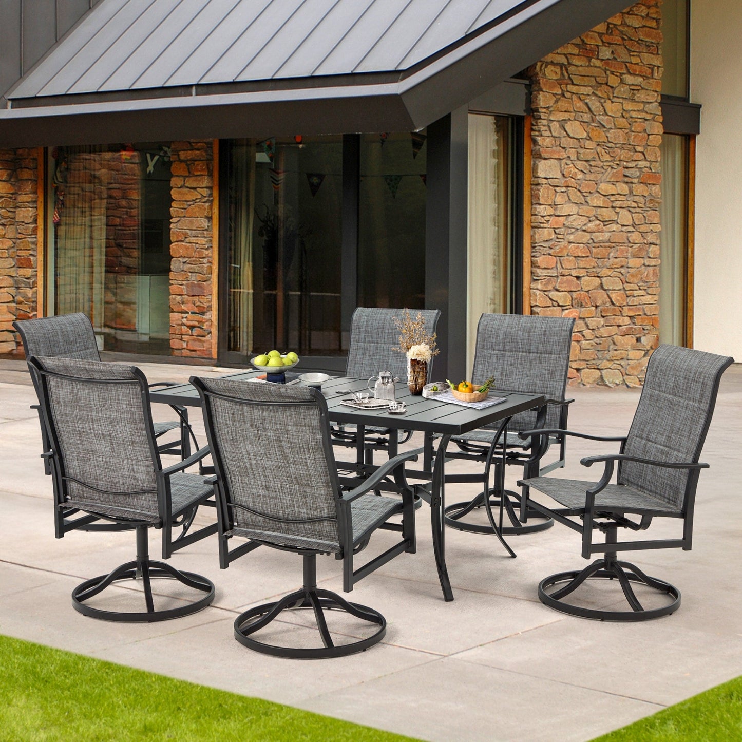 Ensembles de salle à manger d'extérieur polyvalents avec chaises pivotantes/pliantes, table à lattes en acier et table à manger en PEHD pour jardins et terrasses
