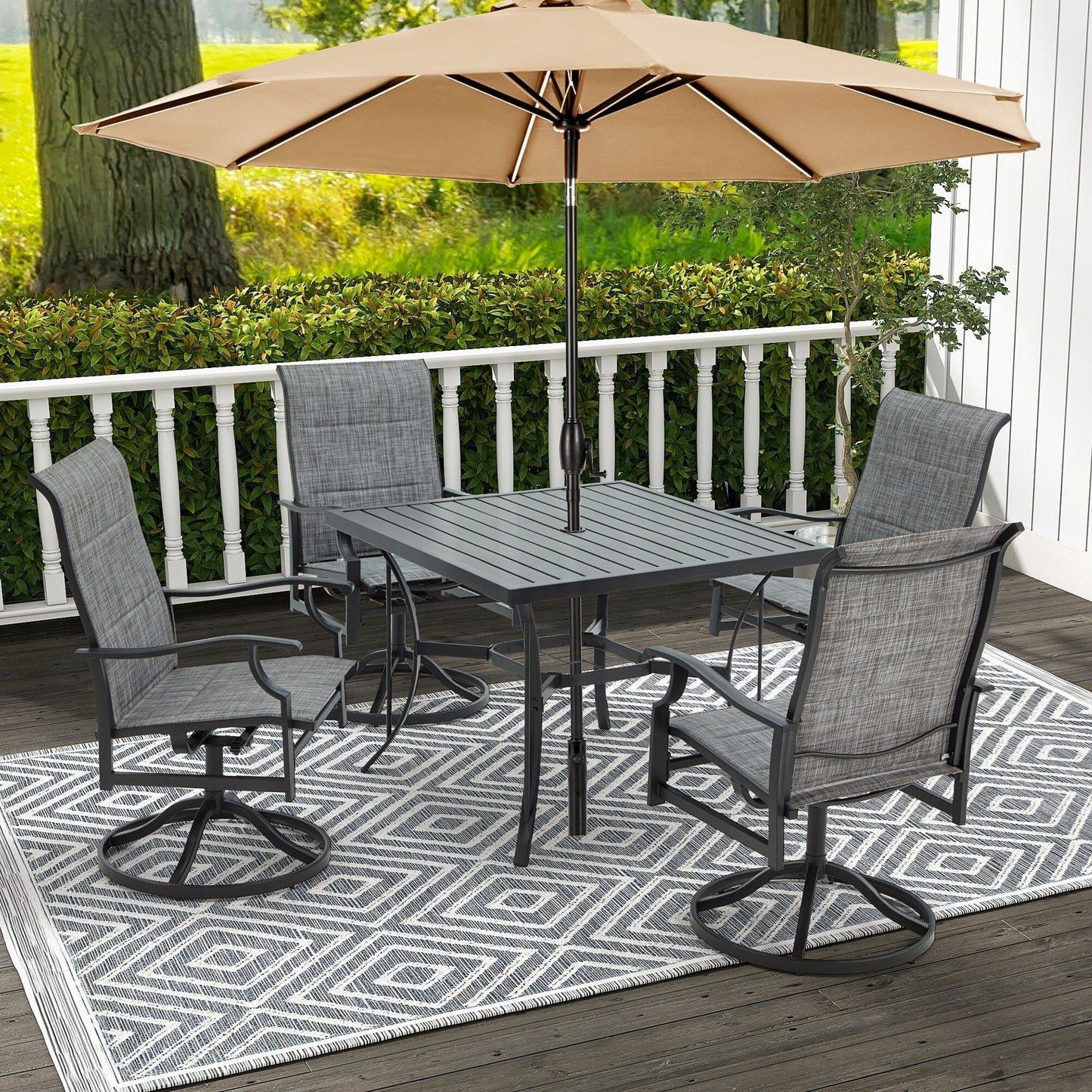 Ensembles de salle à manger d'extérieur polyvalents avec chaises pivotantes/pliantes, table à lattes en acier et table à manger en PEHD pour jardins et terrasses