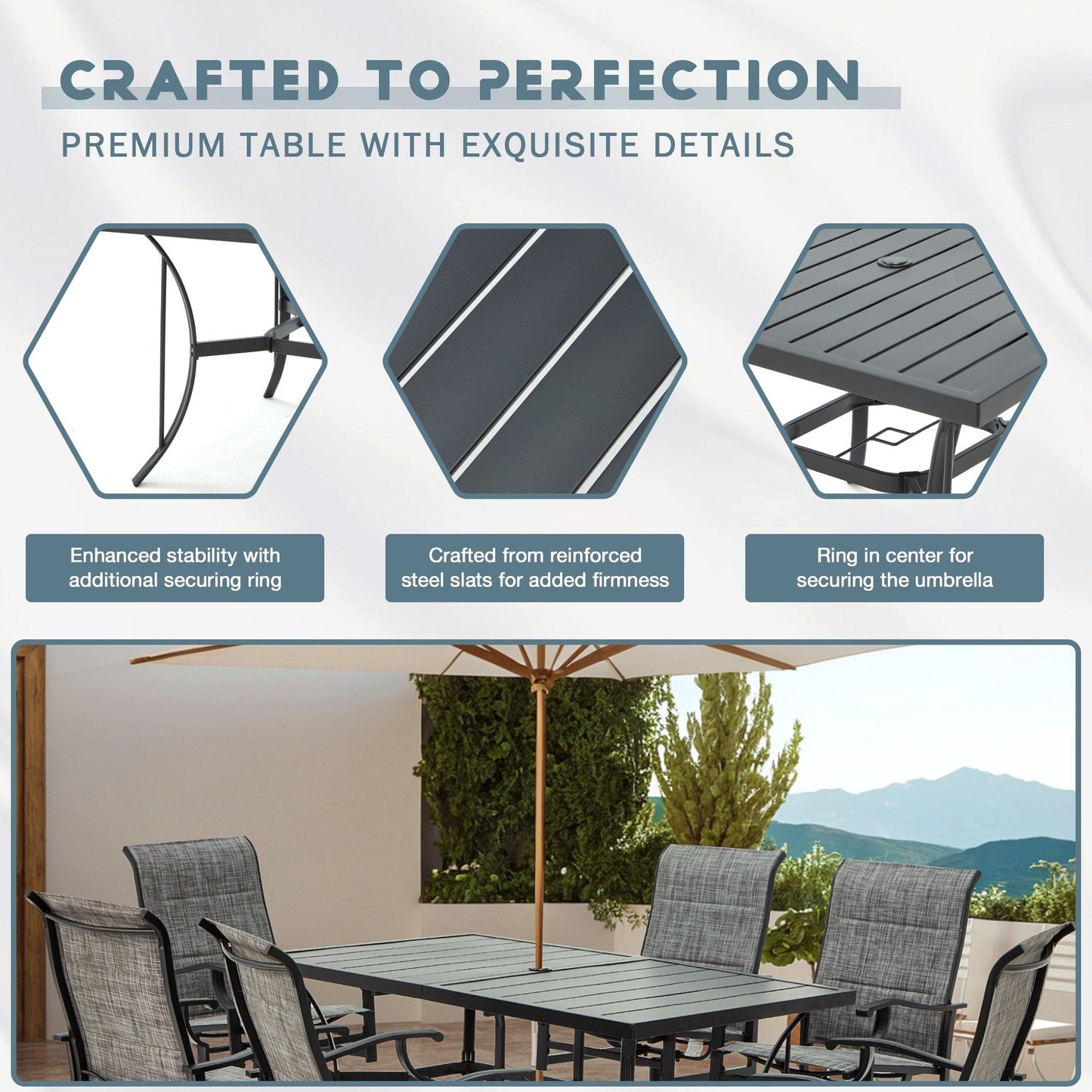 Ensembles de salle à manger d'extérieur polyvalents avec chaises pivotantes/pliantes, table à lattes en acier et table à manger en PEHD pour jardins et terrasses