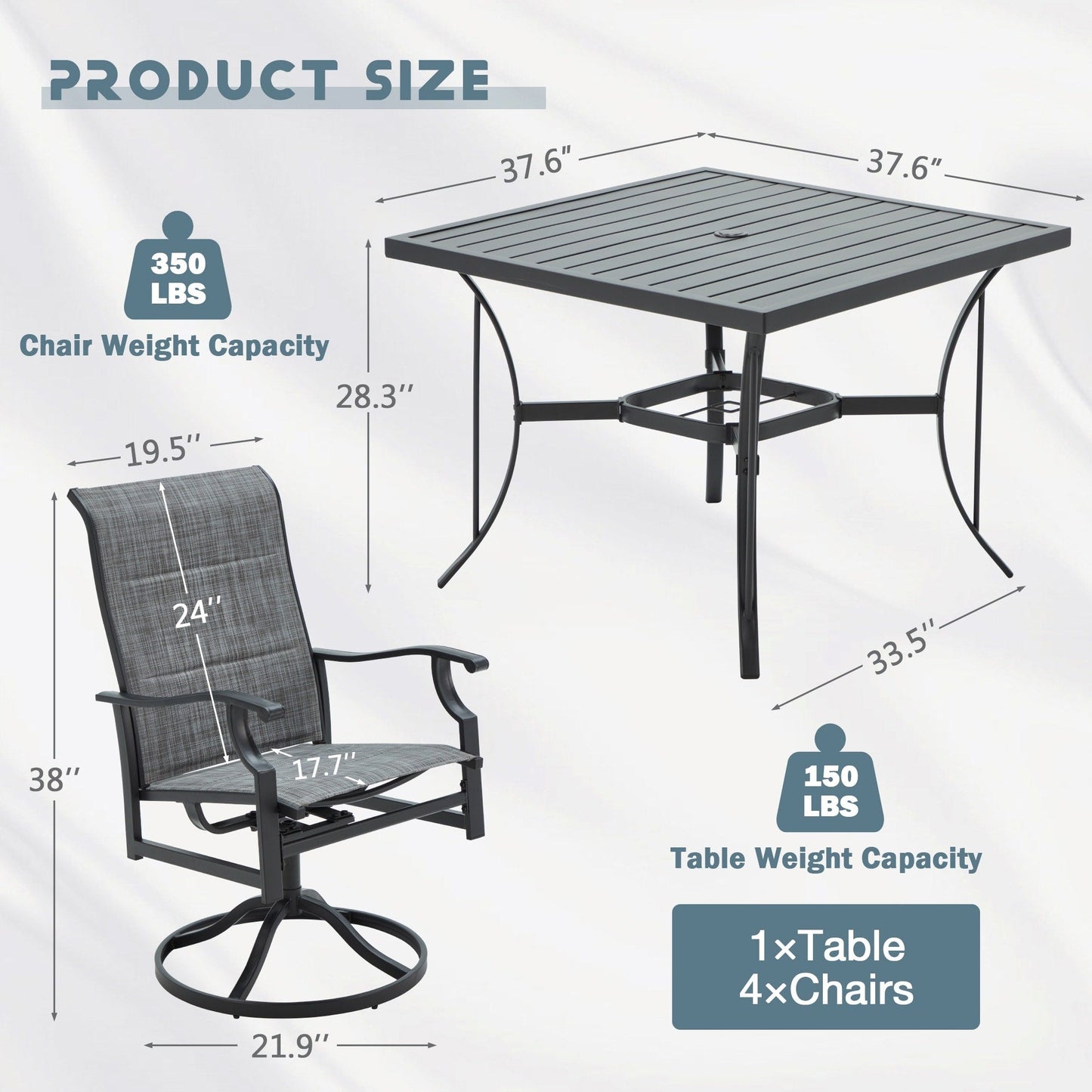 Ensembles de salle à manger d'extérieur polyvalents avec chaises pivotantes/pliantes, table à lattes en acier et table à manger en PEHD pour jardins et terrasses