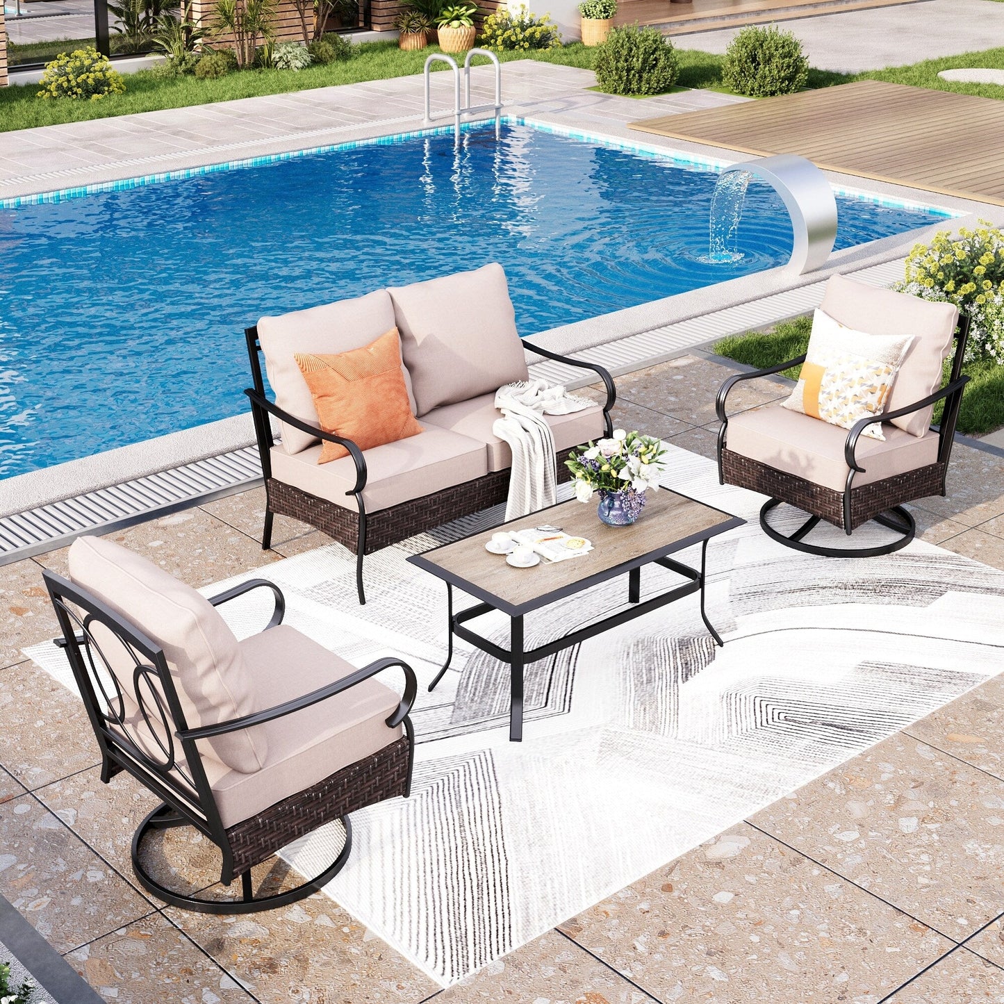 Ensemble de meubles de jardin extra larges 6 pièces MAISON ARTS : canapés 3 et 2 places, chaises pivotantes, poufs et table basse