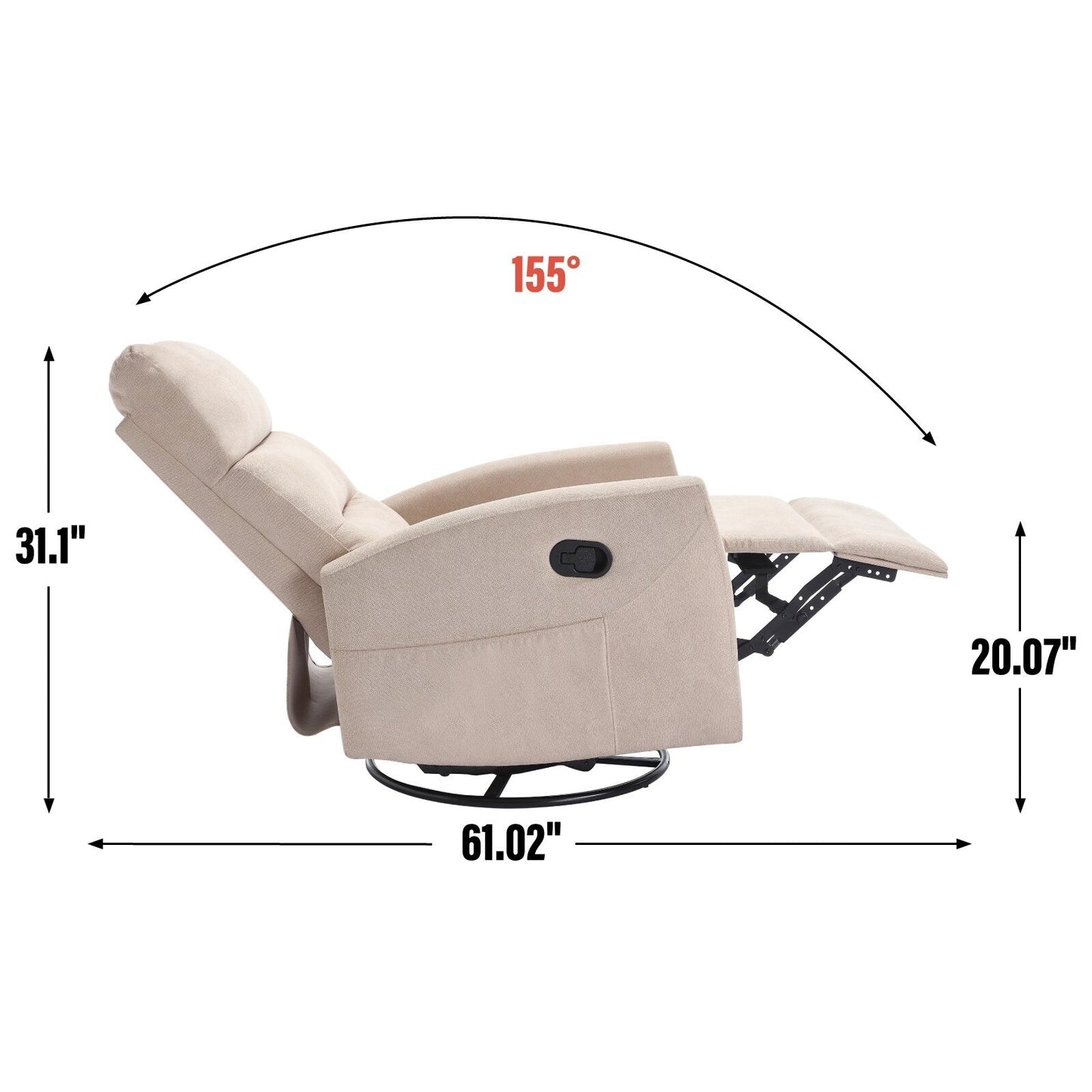 Fauteuil inclinable à bascule en tissu avec base pivotante à 360°, fauteuil inclinable manuel avec levier latéral, fauteuil de salon confortable