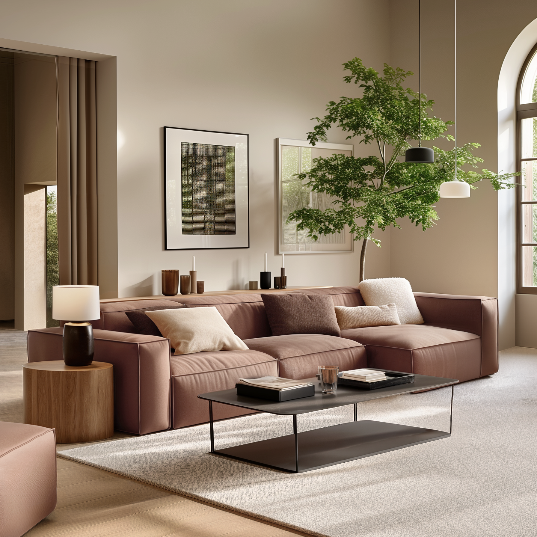 Canapé d'angle minimaliste de luxe en tissu marron