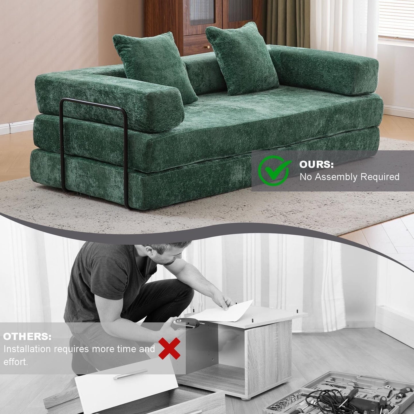Canapé-lit convertible avec dossier coussiné en tissu chenille pour salon et chambre à coucher