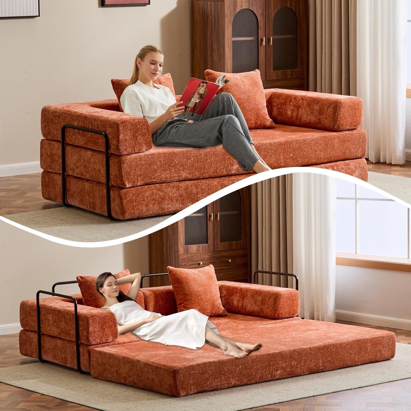 Canapé-lit convertible avec dossier coussiné en tissu chenille pour salon et chambre à coucher