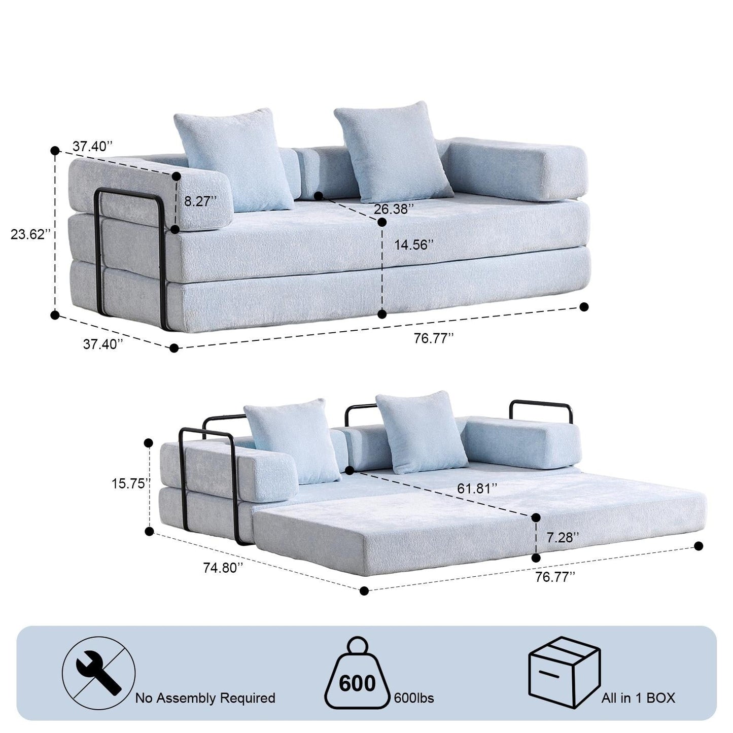 Canapé-lit convertible avec dossier coussiné en tissu chenille pour salon et chambre à coucher