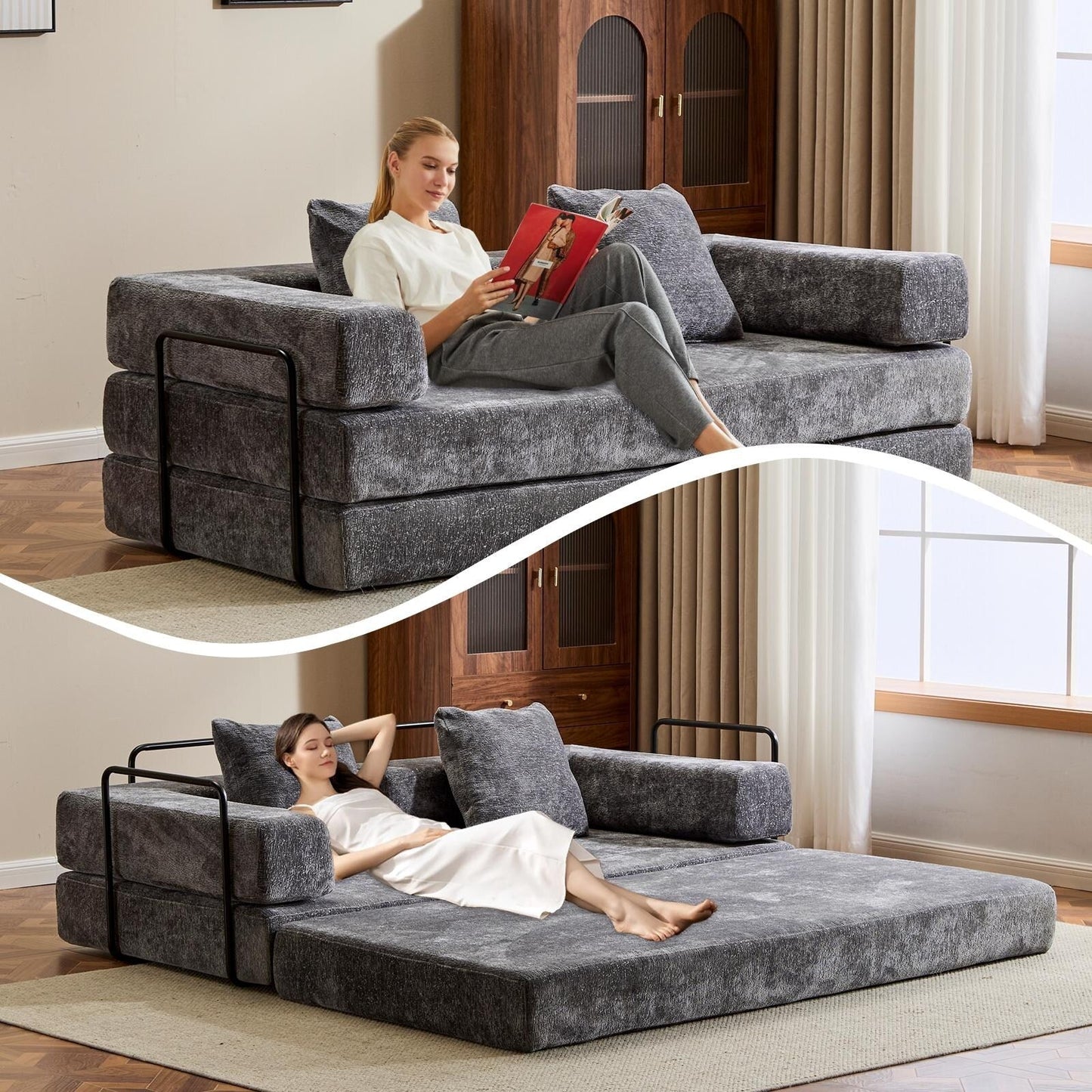 Canapé-lit convertible avec dossier coussiné en tissu chenille pour salon et chambre à coucher