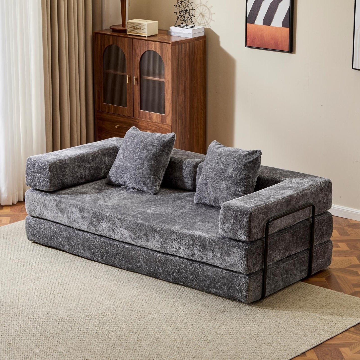 Canapé-lit convertible avec dossier coussiné en tissu chenille pour salon et chambre à coucher
