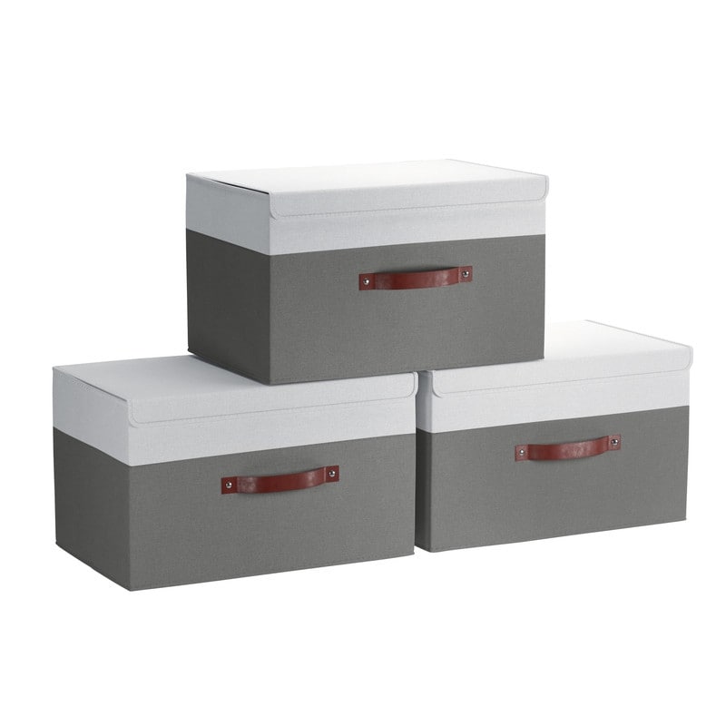 Grands bacs de rangement pliables en lin avec poignées et couvercle en cuir - Lot de 3