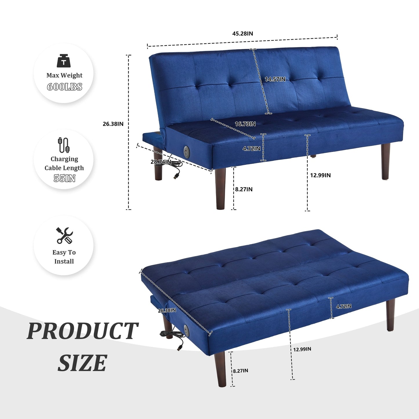 Canapé-lit pliable et tendance, dossier en flanelle haut de gamme, canapé inclinable et futon réglable, canapé moderne et tendance avec port de chargement