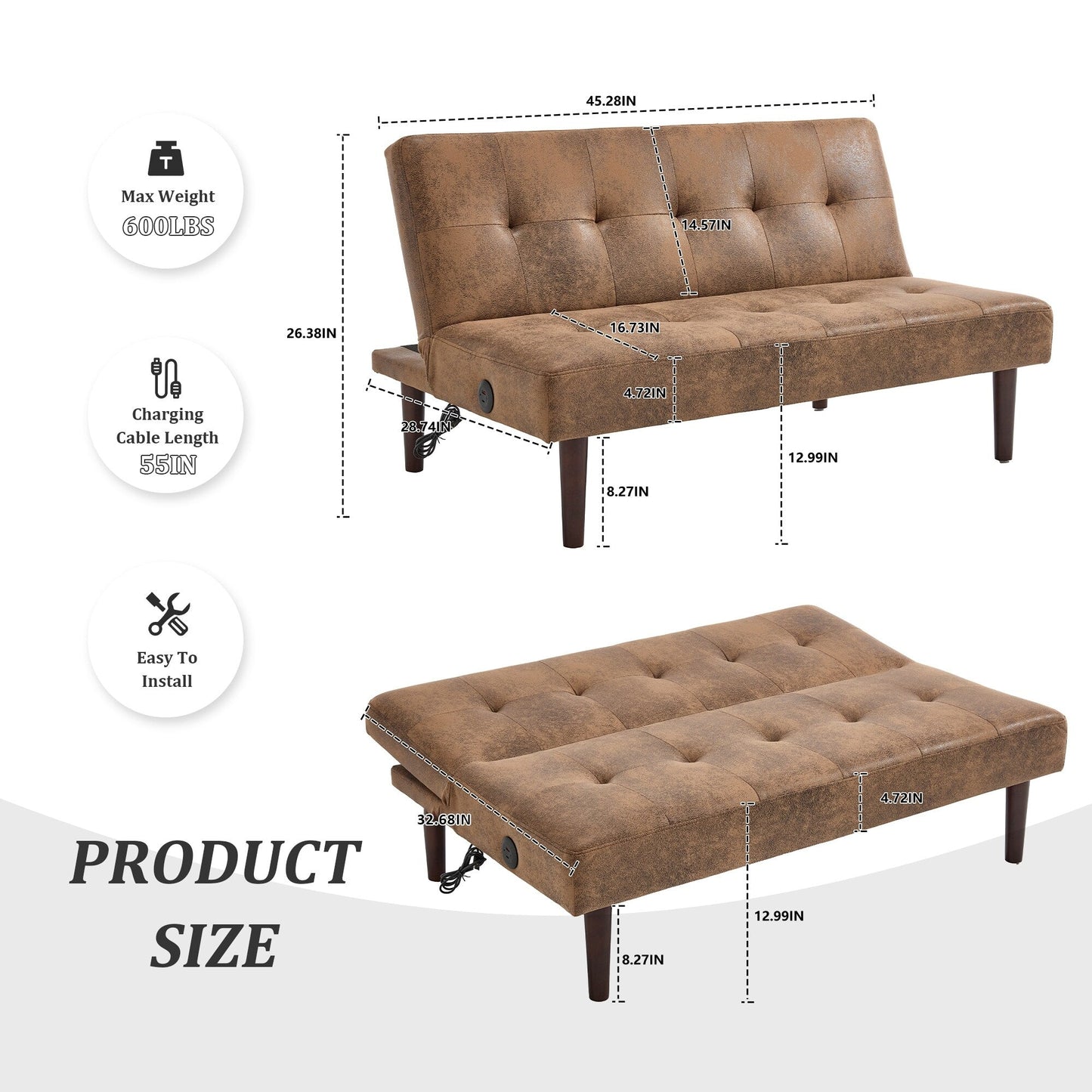 Canapé-lit pliable et tendance, dossier en flanelle haut de gamme, canapé inclinable et futon réglable, canapé moderne et tendance avec port de chargement