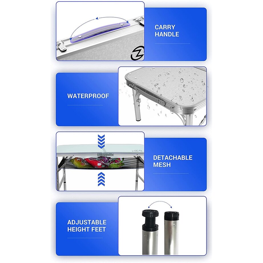 Table pliante à hauteur réglable, table de camping portable en aluminium léger, avec poignée de transport pour l'extérieur et la plage