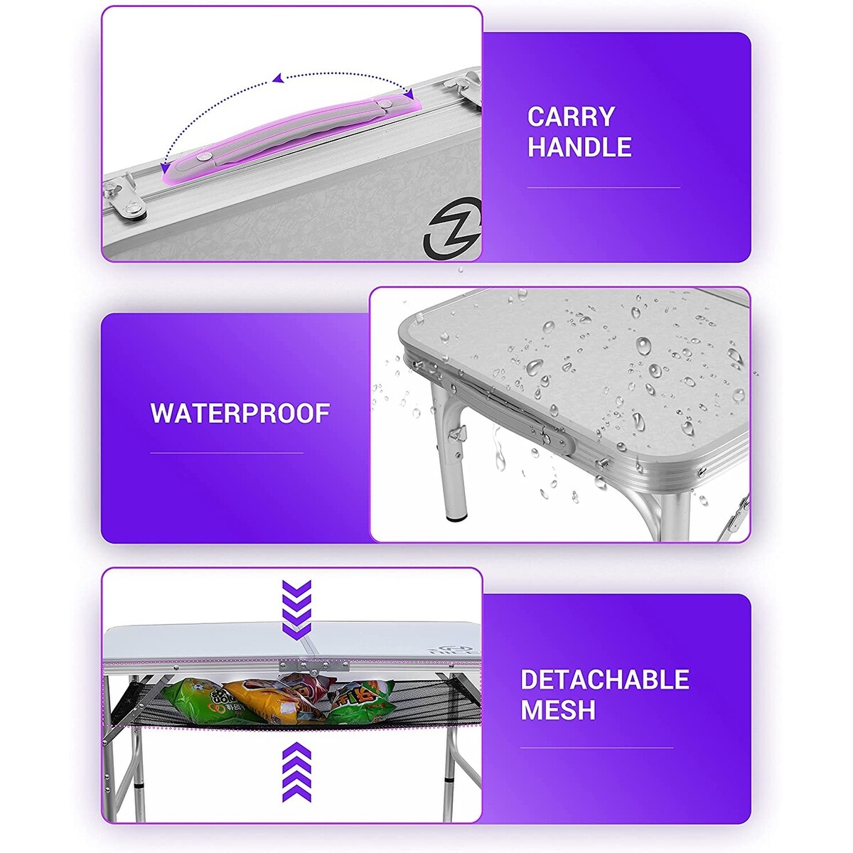 Table pliante à hauteur réglable, table de camping portable en aluminium léger, avec poignée de transport pour l'extérieur et la plage