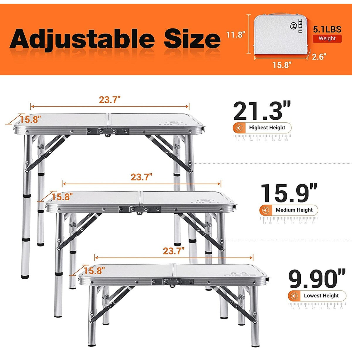 Table pliante à hauteur réglable, table de camping portable en aluminium léger, avec poignée de transport pour l'extérieur et la plage
