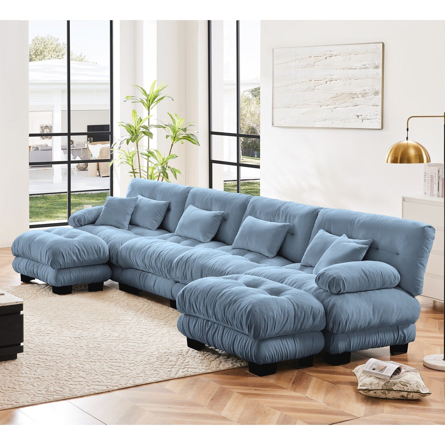 Canapé modulable 4 places en chenille avec 2 poufs et coussins pour le salon