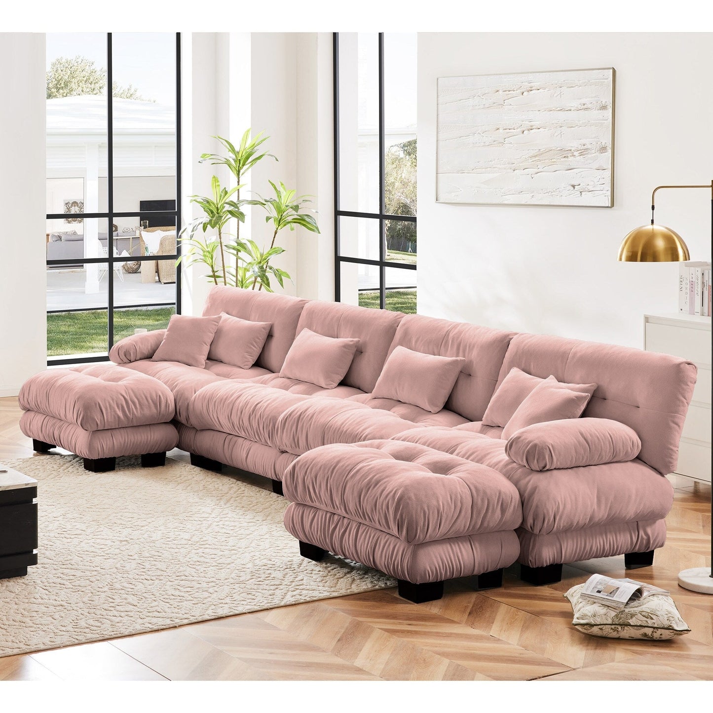 Canapé modulable 4 places en chenille avec 2 poufs et coussins pour le salon