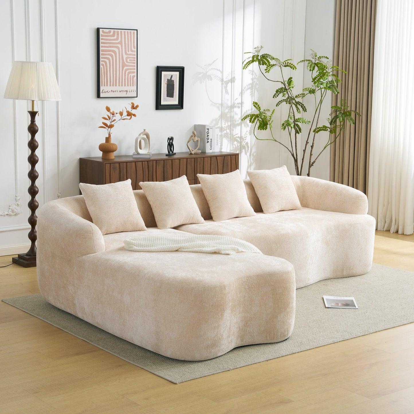 Canapé sectionnel en L à compression complète avec méridienne incurvée, canapé modulaire en chenille, canapé à compression