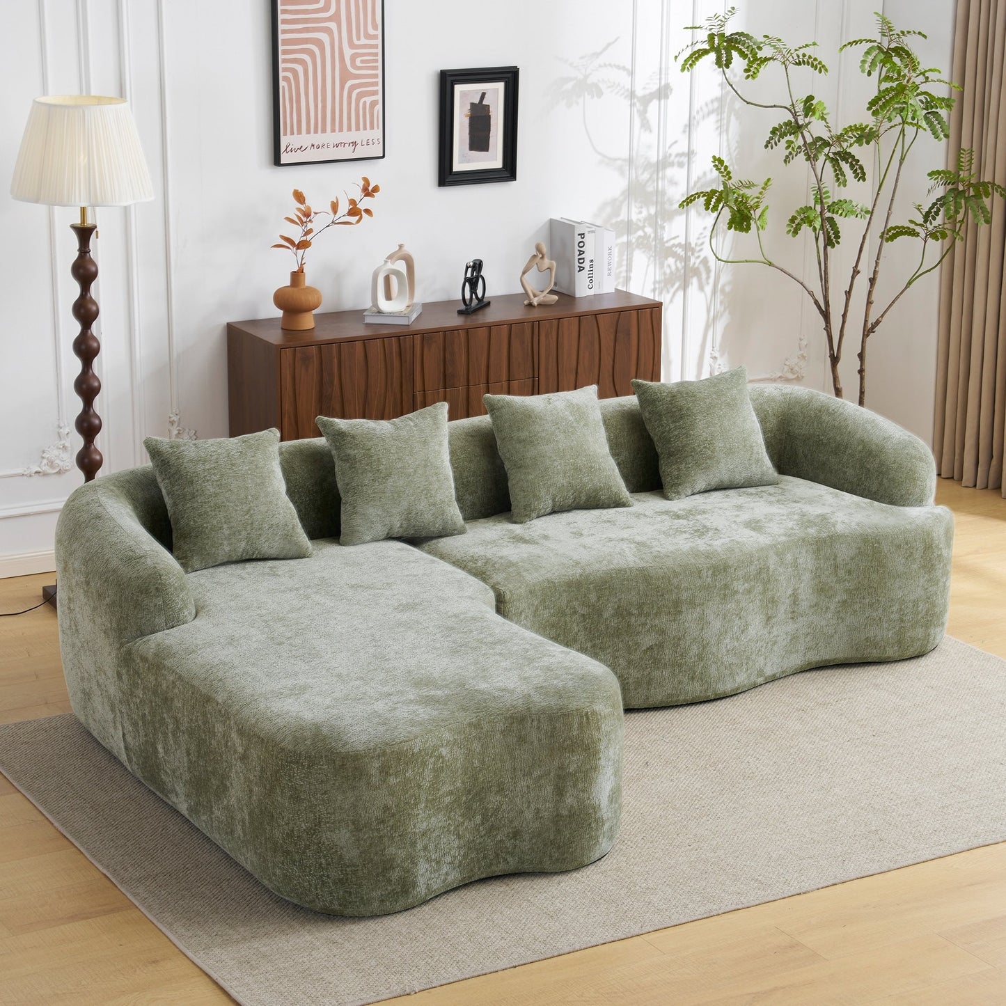 Canapé sectionnel en L à compression complète avec méridienne incurvée, canapé modulaire en chenille, canapé à compression
