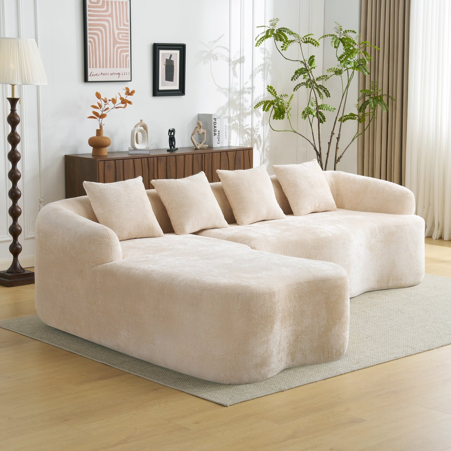 Canapé sectionnel en L à compression complète avec méridienne incurvée, canapé modulaire en chenille, canapé à compression