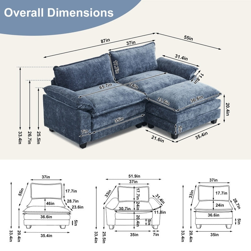 Canapé KD double coussin en chenille avec pouf
