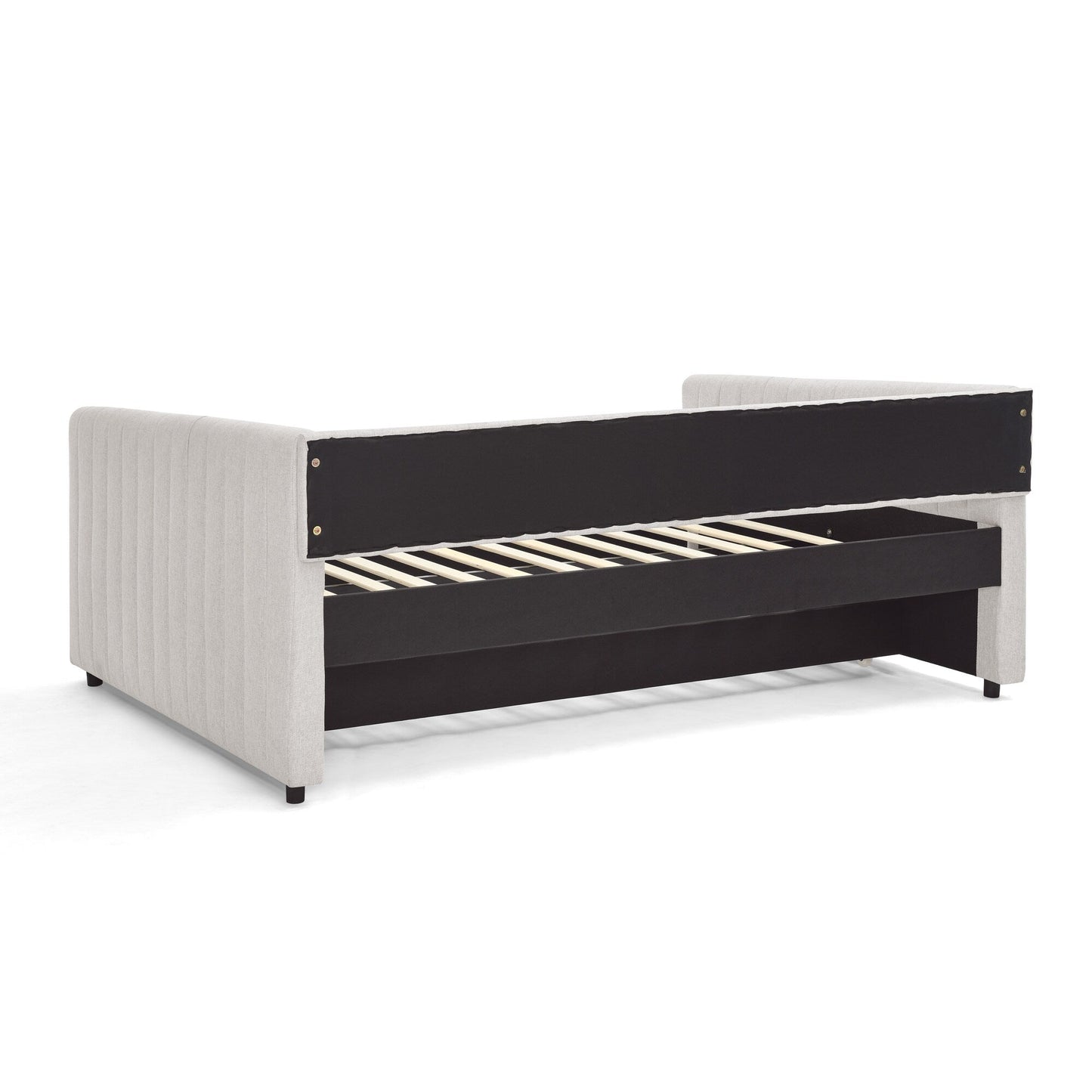 Lit de repos double avec canapé-lit gigogne rembourré, rayures verticales, tissu en lin, beige (82,5 x 58 x 30)