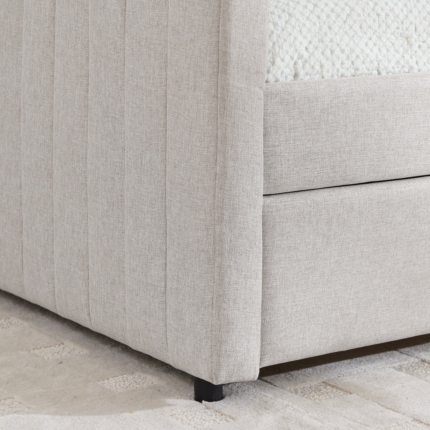 Lit de repos double avec canapé-lit gigogne rembourré, rayures verticales, tissu en lin, beige (82,5 x 58 x 30)