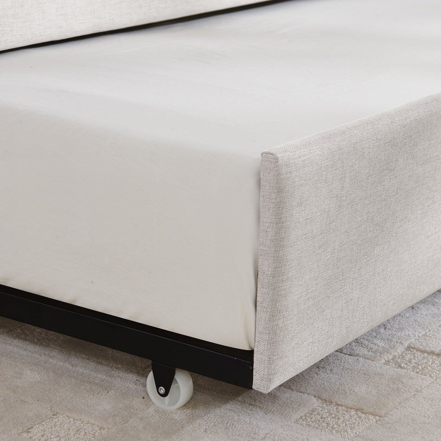 Lit de repos double avec canapé-lit gigogne rembourré, rayures verticales, tissu en lin, beige (82,5 x 58 x 30)