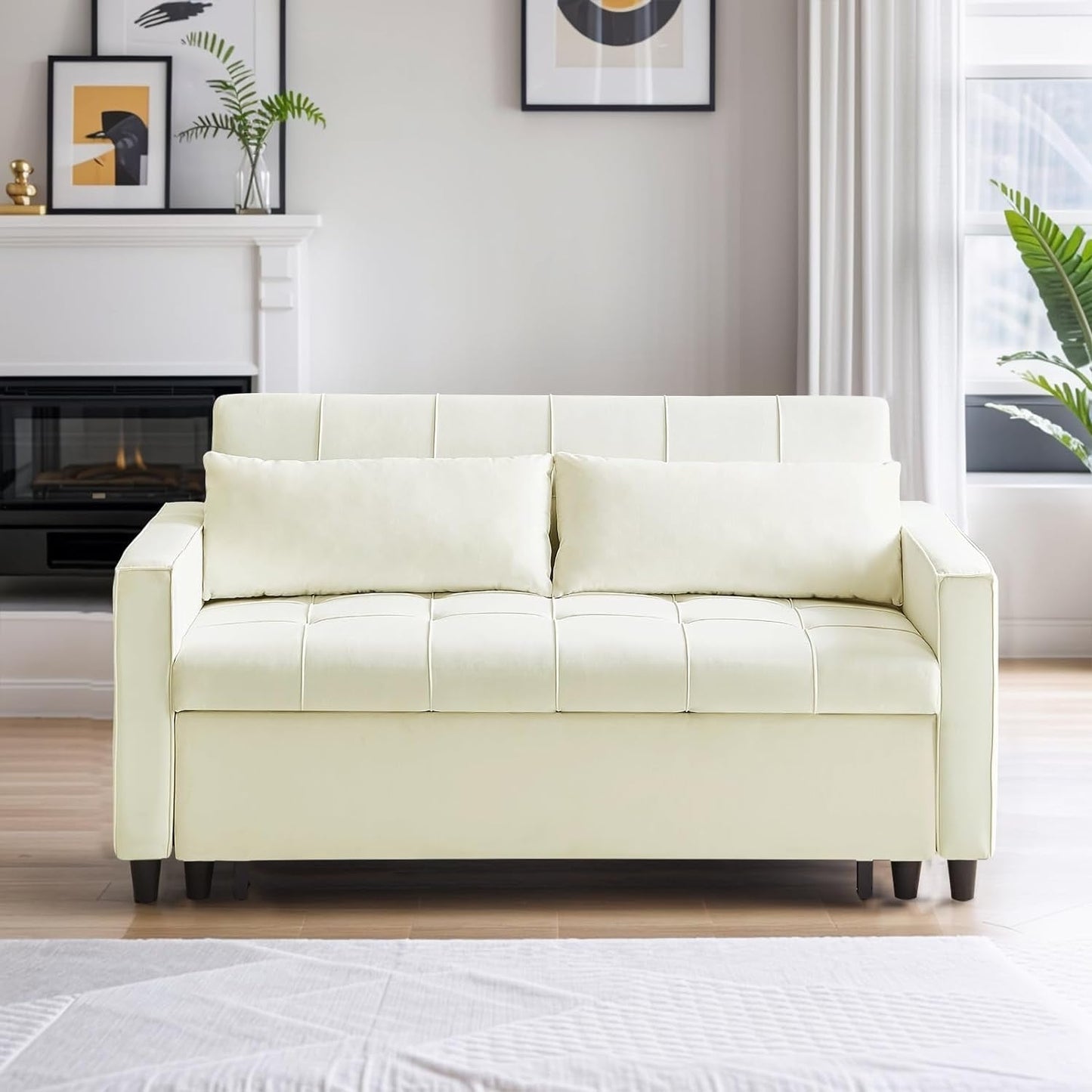 Canapé convertible en velours de 55 pouces, canapé futon 3 en 1 avec lit gigogne, table d'appoint à dossier réglable et 2 coussins lombaires