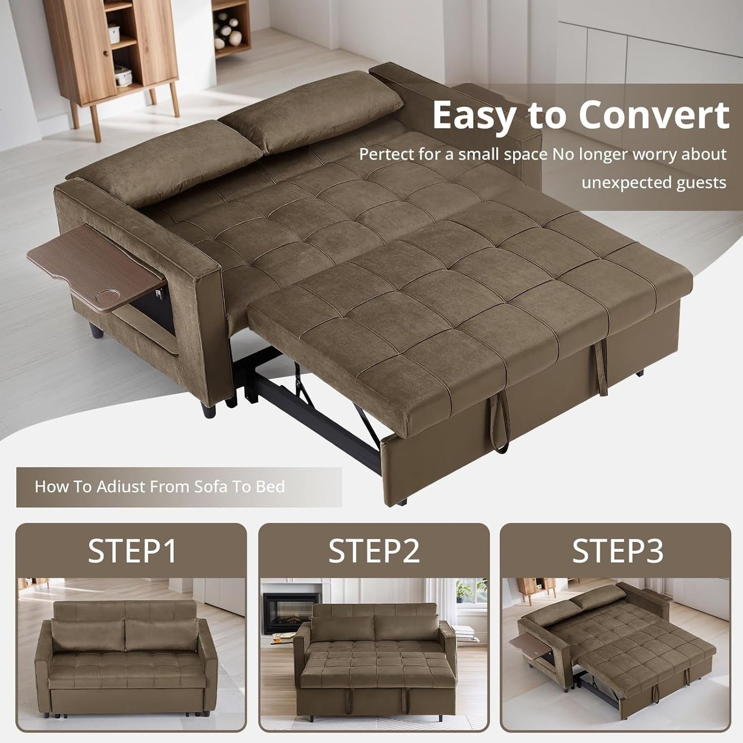 Canapé convertible en velours de 55 pouces, canapé futon 3 en 1 avec lit gigogne, table d'appoint à dossier réglable et 2 coussins lombaires