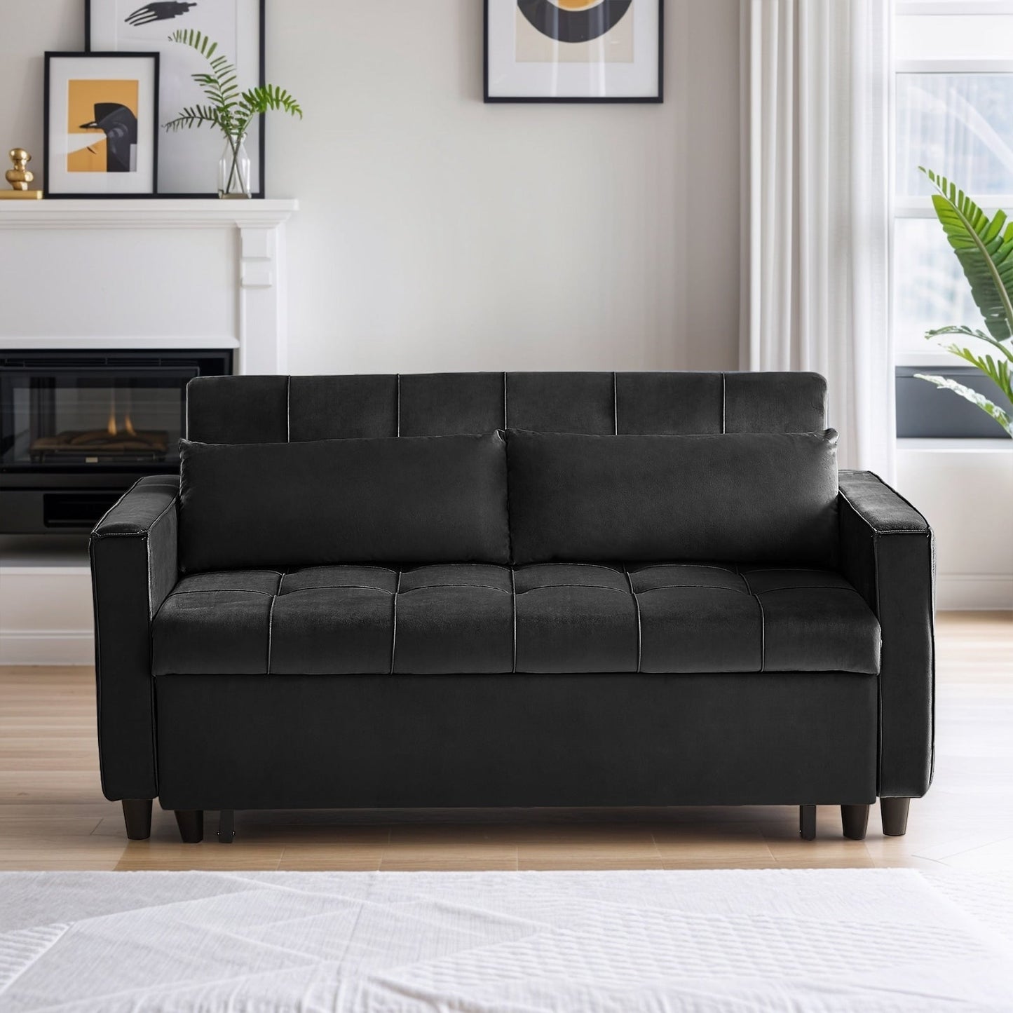 Canapé convertible en velours de 55 pouces, canapé futon 3 en 1 avec lit gigogne, table d'appoint à dossier réglable et 2 coussins lombaires