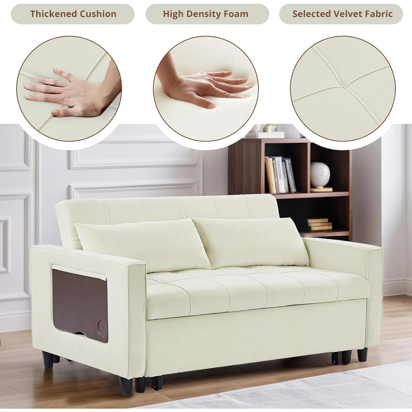 Canapé convertible en velours de 55 pouces, canapé futon 3 en 1 avec lit gigogne, table d'appoint à dossier réglable et 2 coussins lombaires