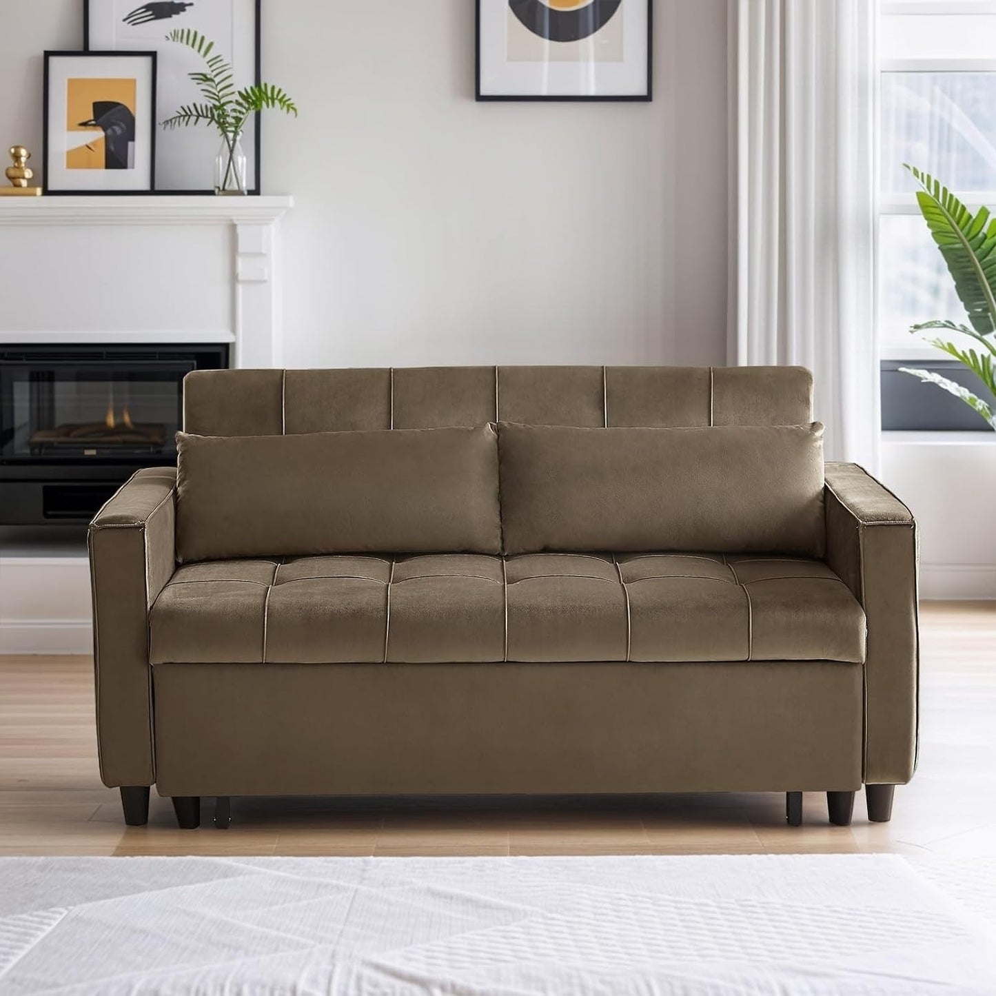 Canapé convertible en velours de 55 pouces, canapé futon 3 en 1 avec lit gigogne, table d'appoint à dossier réglable et 2 coussins lombaires