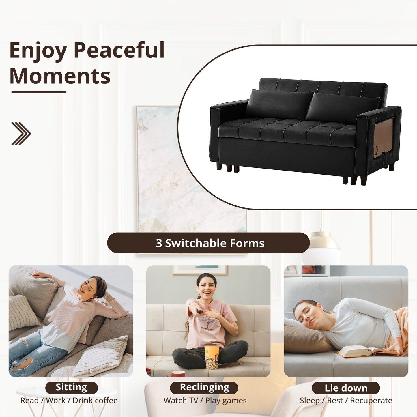 Canapé convertible en velours de 55 pouces, canapé futon 3 en 1 avec lit gigogne, table d'appoint à dossier réglable et 2 coussins lombaires