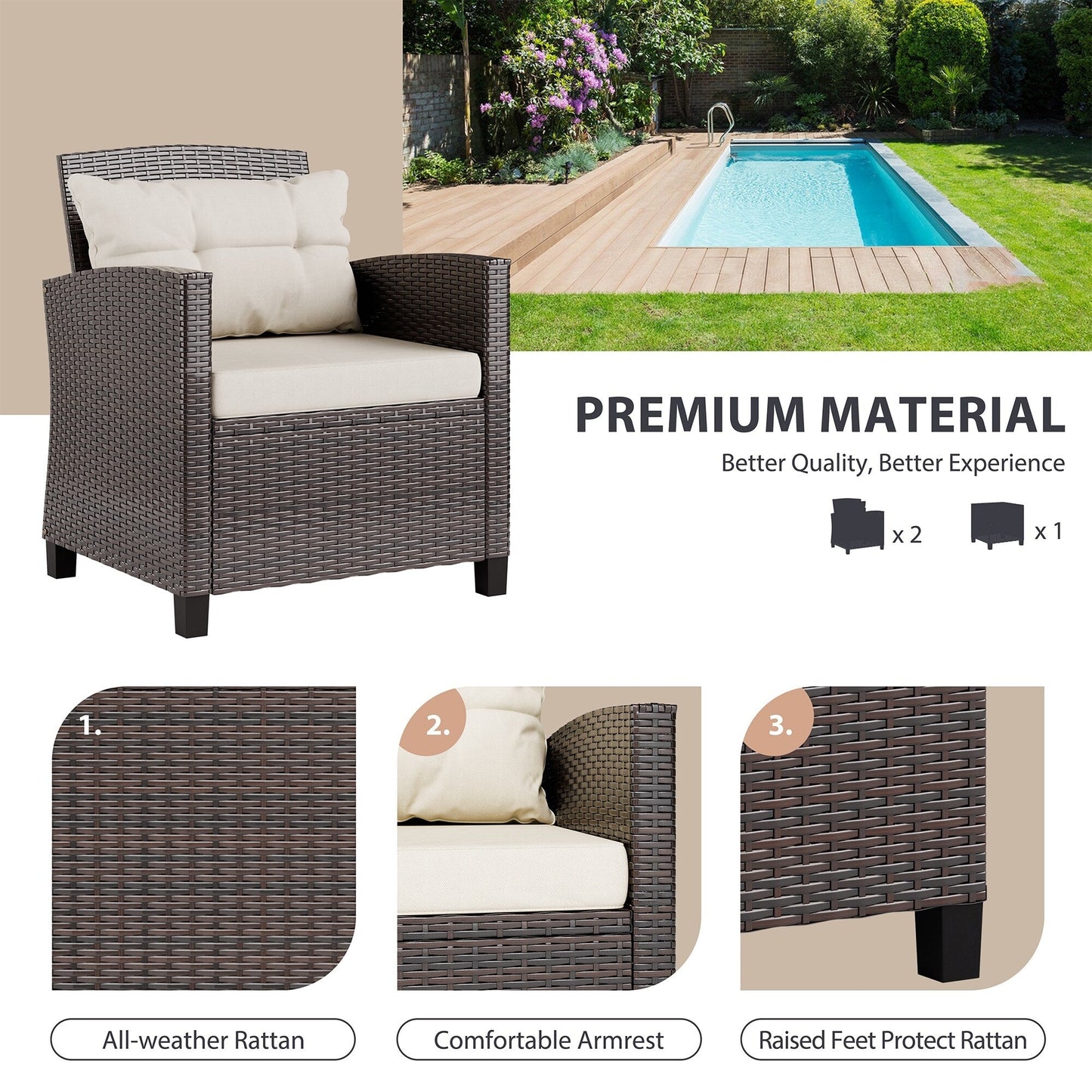 Ensemble de meubles de patio Futzca 3 pièces avec table en verre