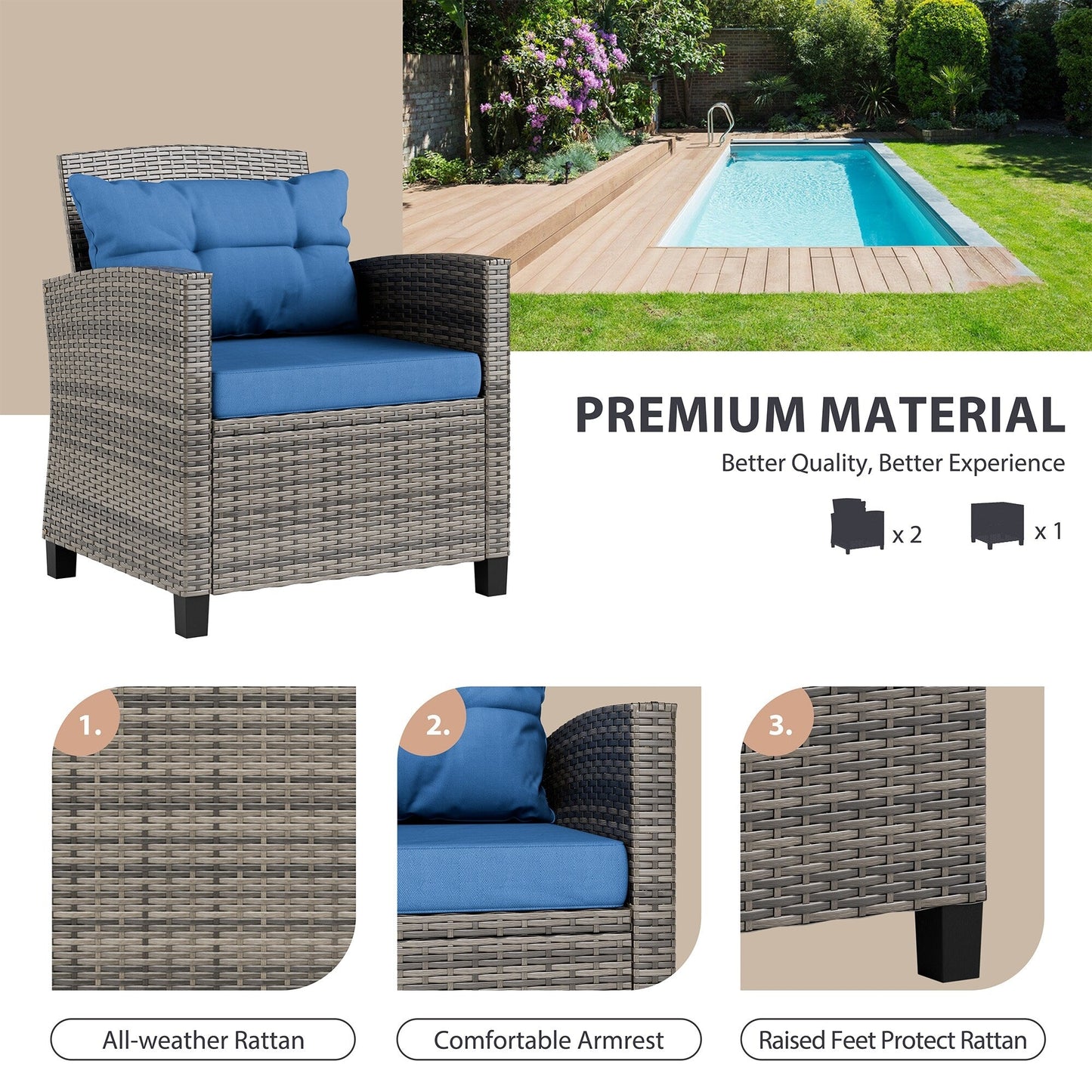 Ensemble de meubles de patio Futzca 3 pièces avec table en verre