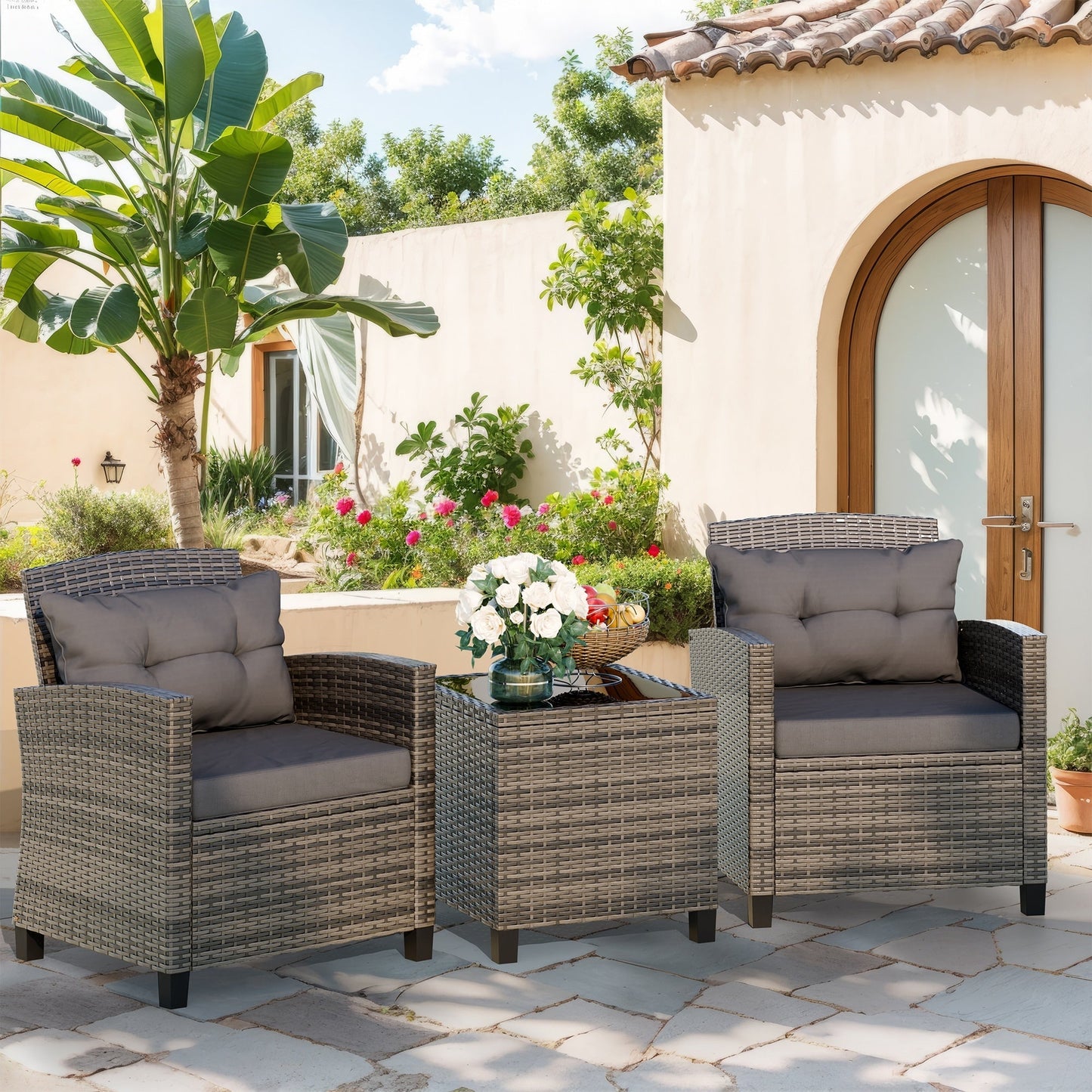 Ensemble de meubles de patio Futzca 3 pièces avec table en verre