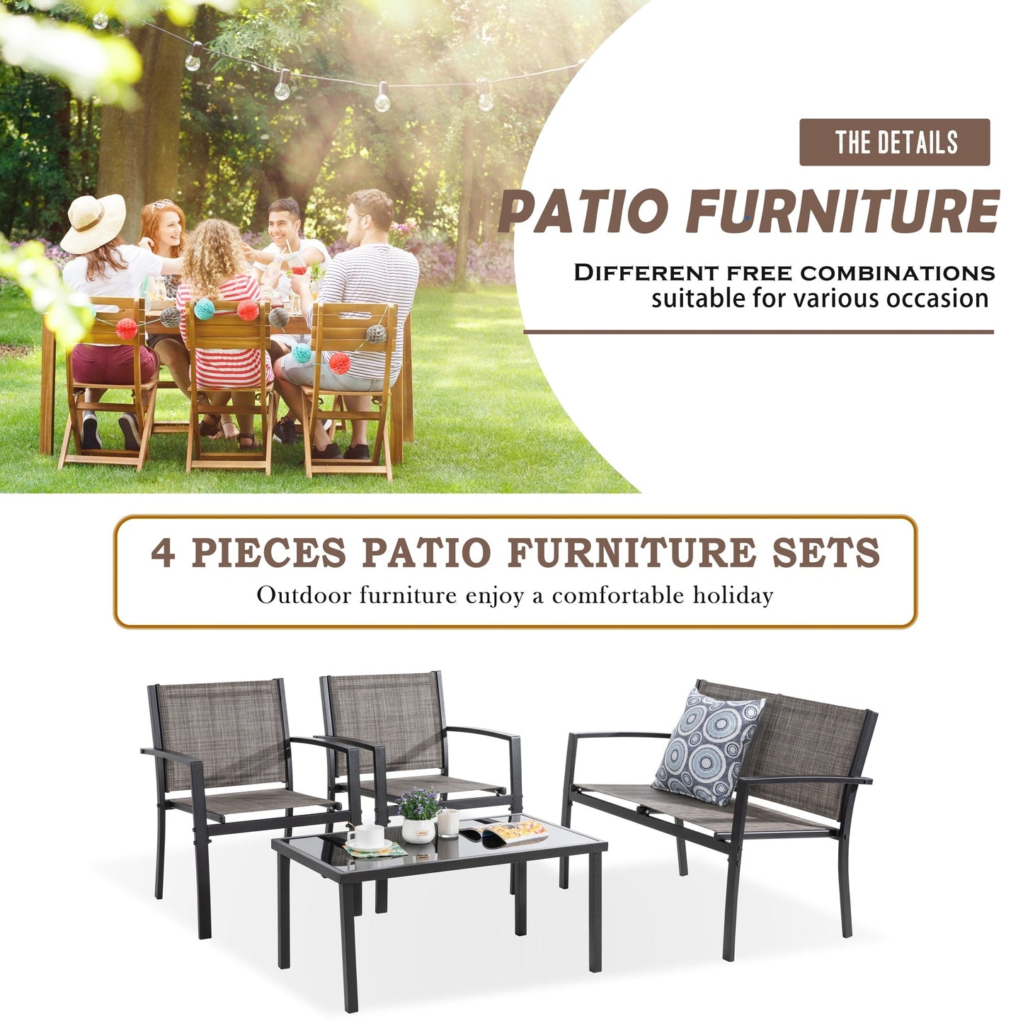Ensemble de meubles de patio extérieur Futzca 4 pièces, ensemble de patio bistro en textilène