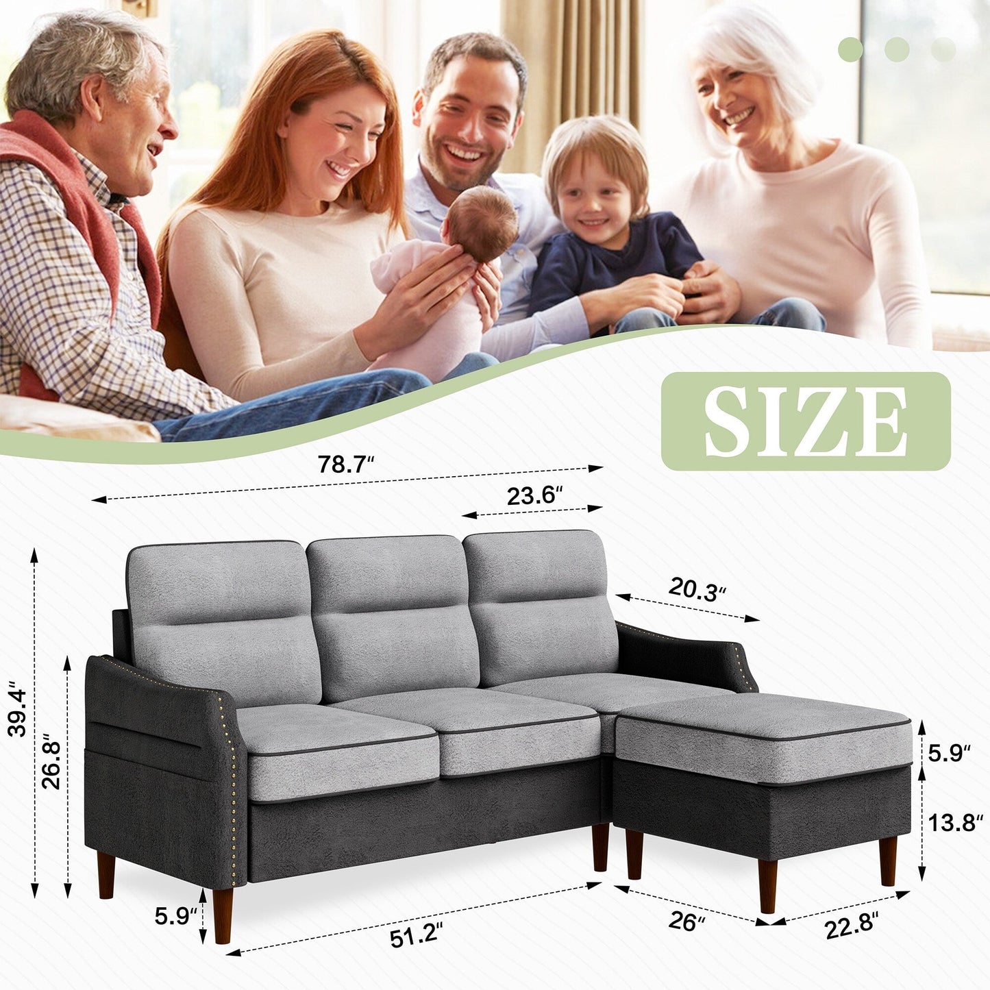 Canapé en L Futzca 78 pouces avec pouf et sac de rangement latéral