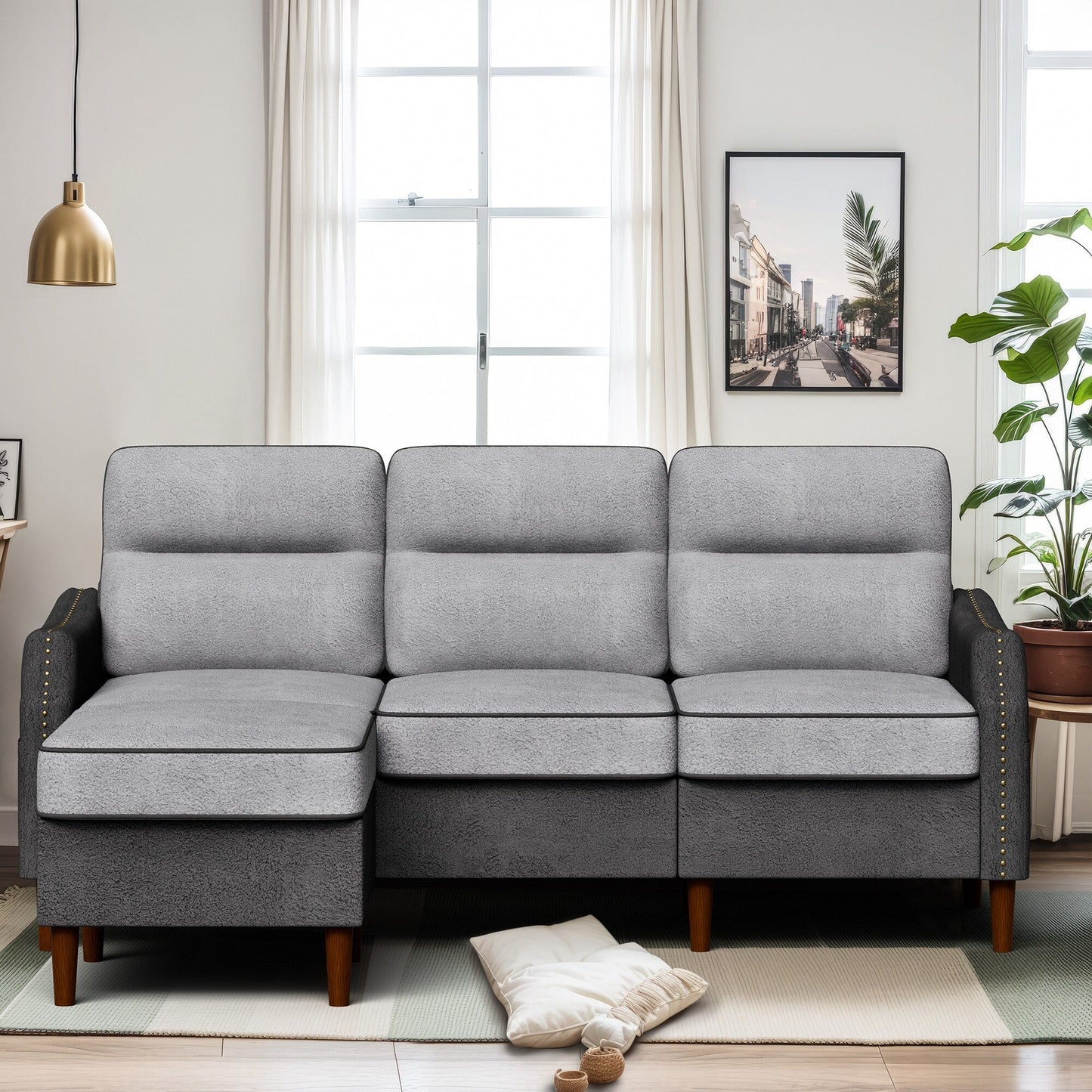 Canapé en L Futzca 78 pouces avec pouf et sac de rangement latéral