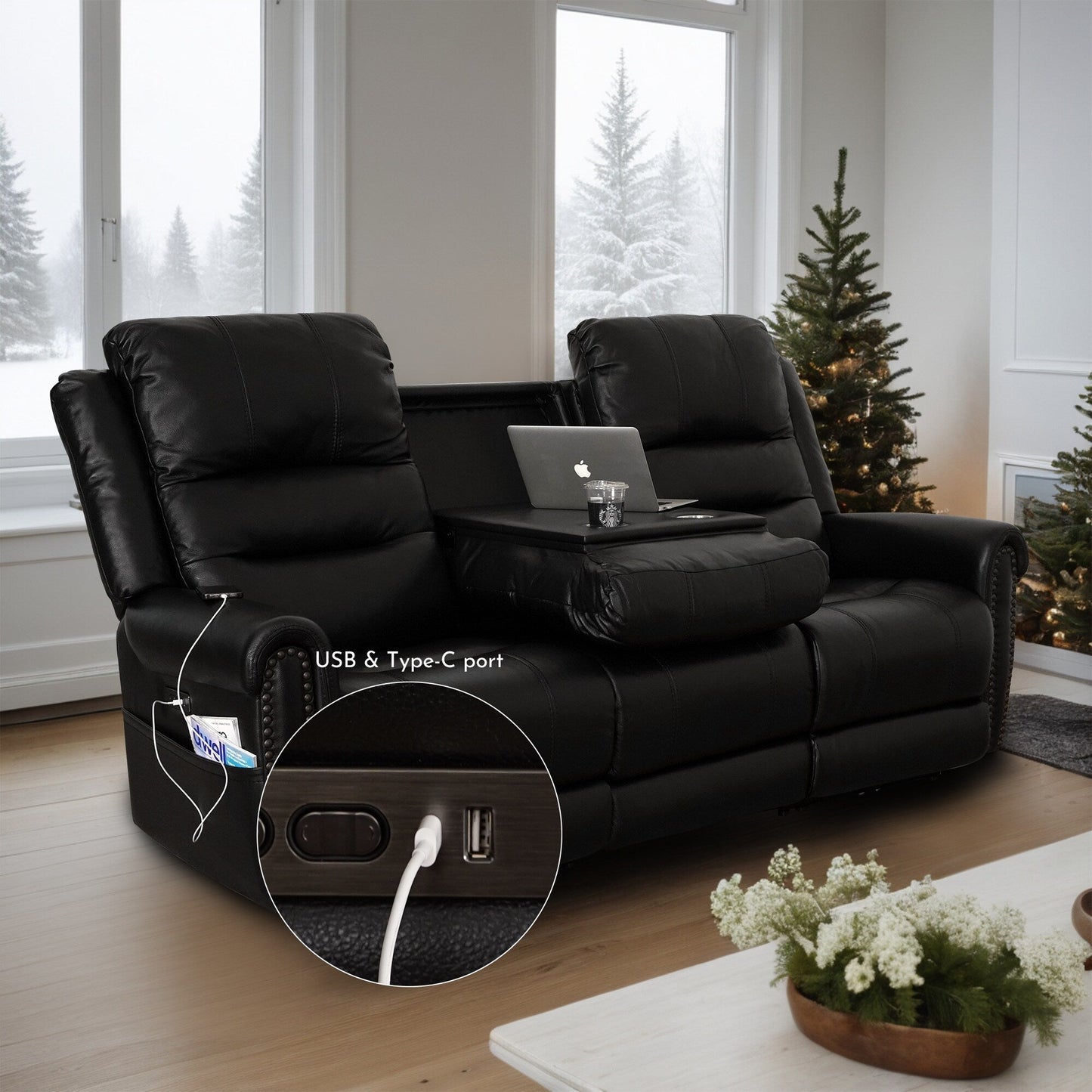 Canapé inclinable électrique en cuir véritable noir, causeuse, fauteuil inclinable avec appui-tête réglable et repose-pieds extensible