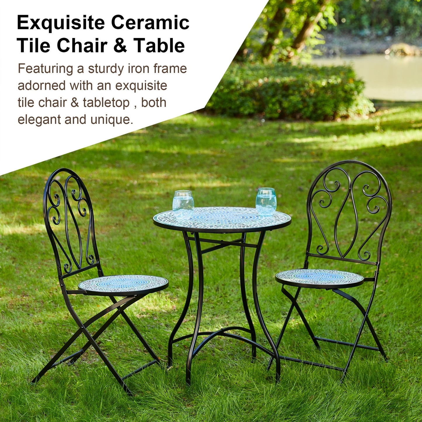 Ensemble de bistrot pliant d'extérieur en métal Glitzhome 3 pièces, table et chaises de patio
