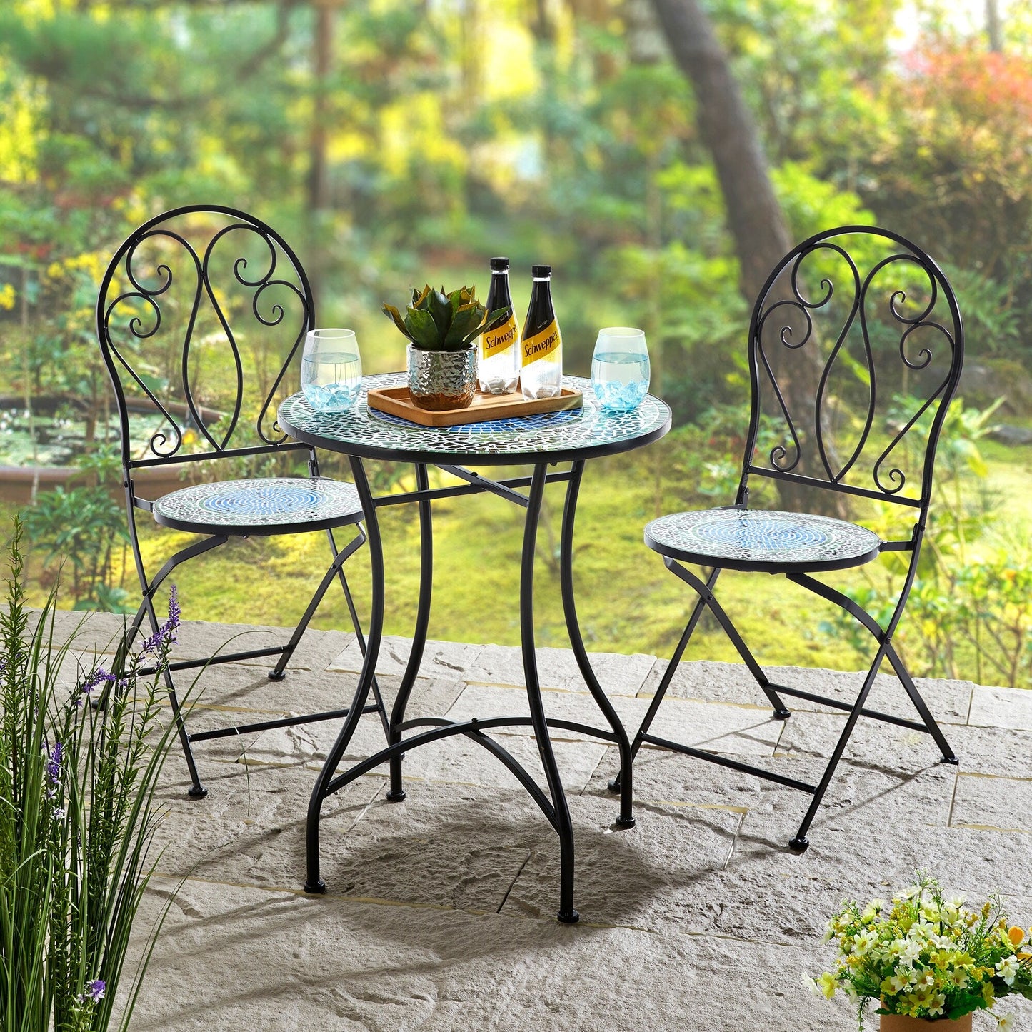 Ensemble de bistrot pliant d'extérieur en métal Glitzhome 3 pièces, table et chaises de patio