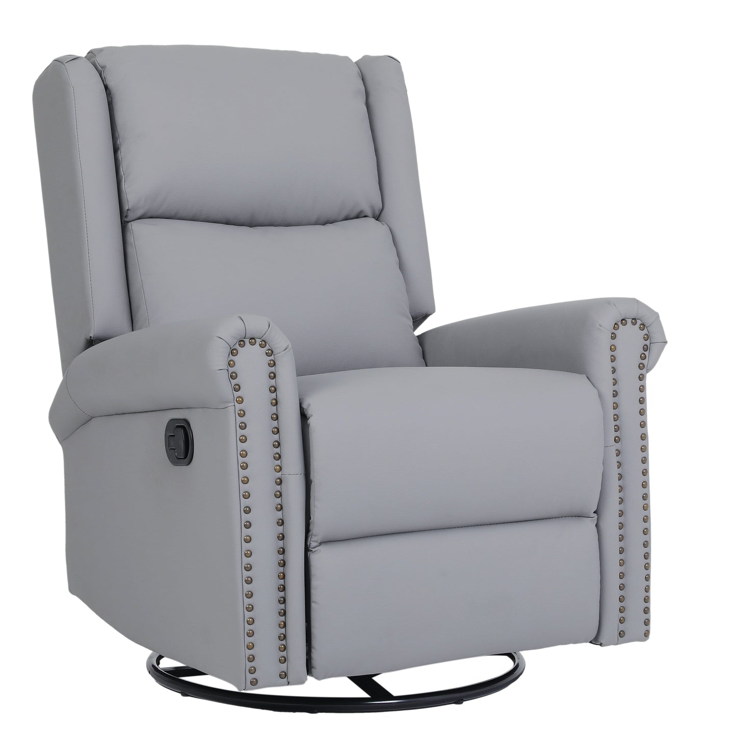 Fauteuil inclinable manuel pivotant à 360° en cuir synthétique gris avec dossier et repose-pieds réglables, décoration cloutée