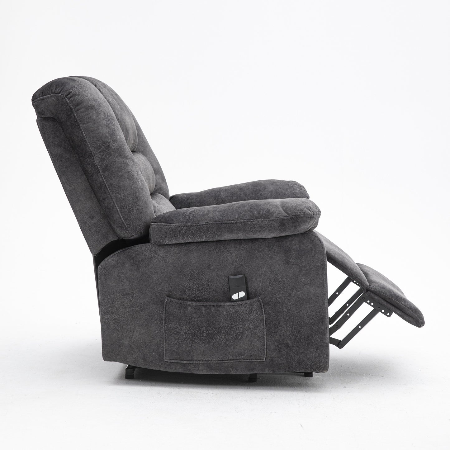 Fauteuil inclinable électrique rembourré en velours gris pour personnes âgées avec massage, chauffage lombaire et poches de rangement latérales