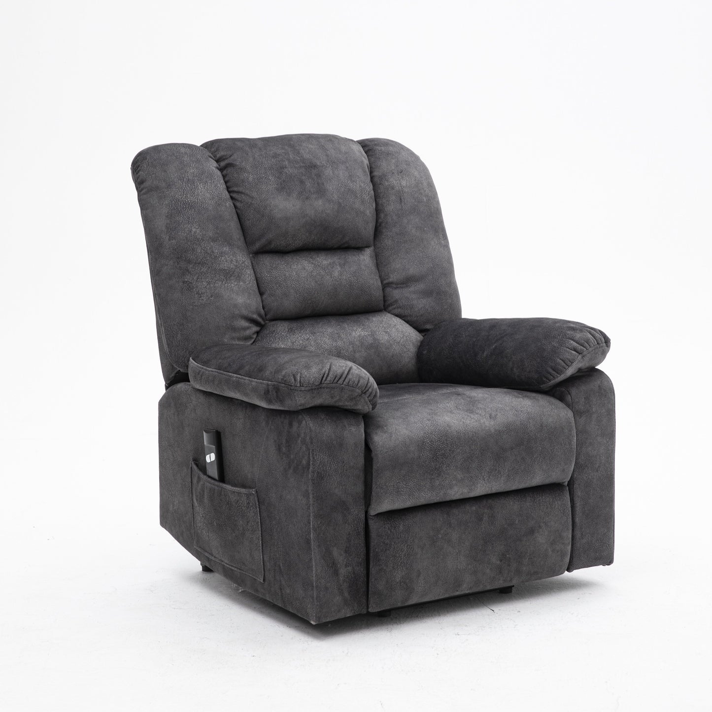 Fauteuil inclinable électrique rembourré en velours gris pour personnes âgées avec massage, chauffage lombaire et poches de rangement latérales